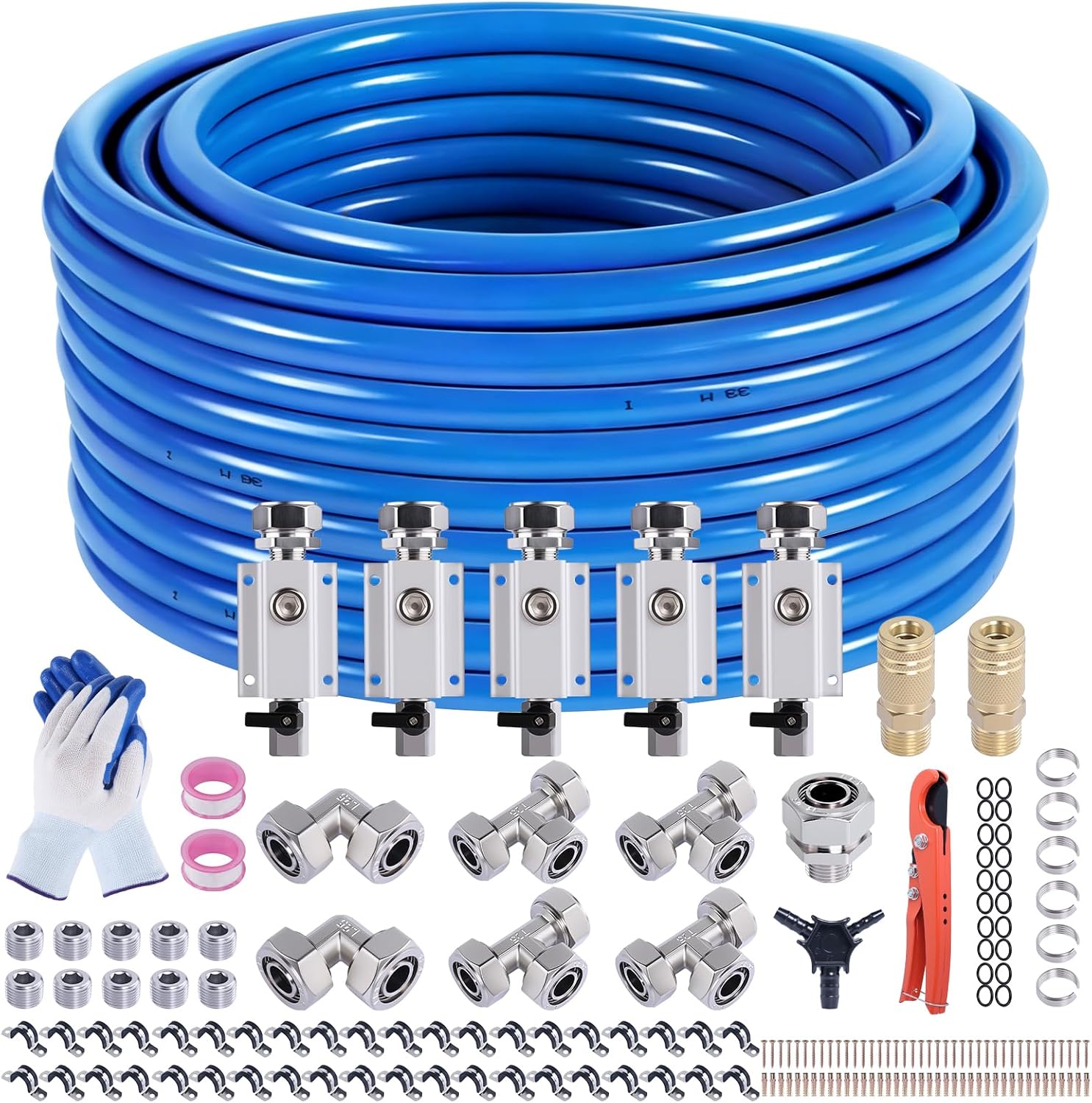 Shop Air Line Kit 3/4' 200FT Compressed Air Piping System HDPE-Aluminum-HDPE Air Tubing with 4-Way Aluminum Blocks Brass Valves Air Piping Fittings Kit Air Compressor Accessories for Garage
