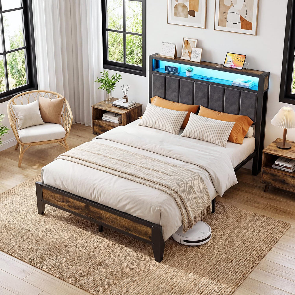 OLEVS Full Bed Frame Metal Platform Bed Queen Size with 2-Tier Storage & LED Light Headboard & Footboard, Charging Station Type C, No Box Spring Needed