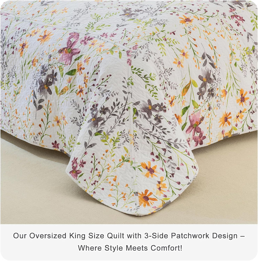 Lady Ann 100% Cotton Quilt Sets Queen, Yellow Flower Botanical Pattern Printed Quilted 102x118 Bedspread Set,Vintage Coverlet Ultra Soft Bedspread Set with Pillow Shams Al Season,3 PCS