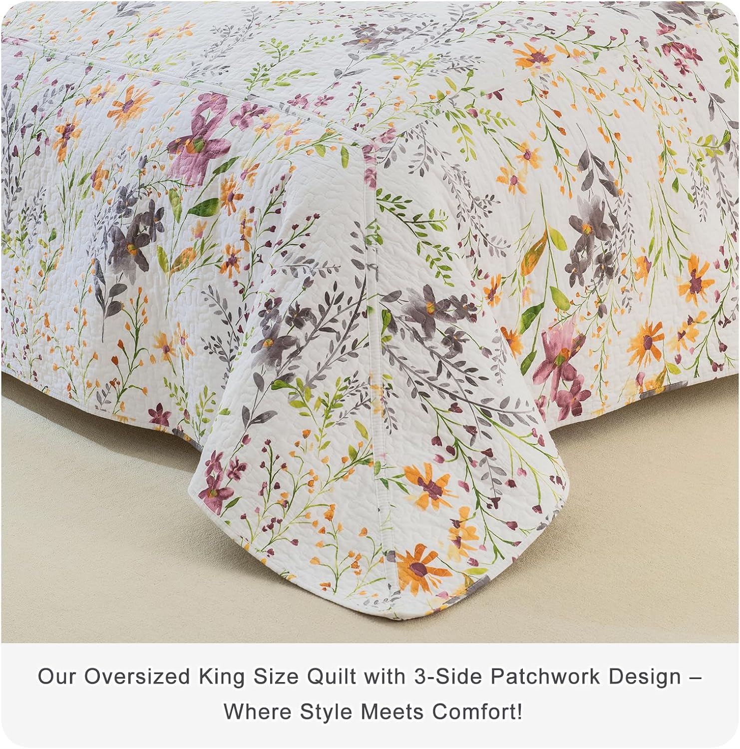 Lady Ann 100% Cotton Quilt Sets Queen, Yellow Flower Botanical Pattern Printed Quilted 102x118 Bedspread Set,Vintage Coverlet Ultra Soft Bedspread Set with Pillow Shams Al Season,3 PCS