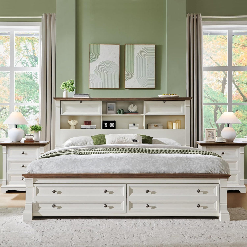 Farmhouse Queen Size Bed Frame with 54' Tall Storage Bookcase Headboard, Wood Platform Bed Frame with 2 Drawers & 18' Tall Roman Column Decoration Footboard, No Box Spring Needed(Antique White)