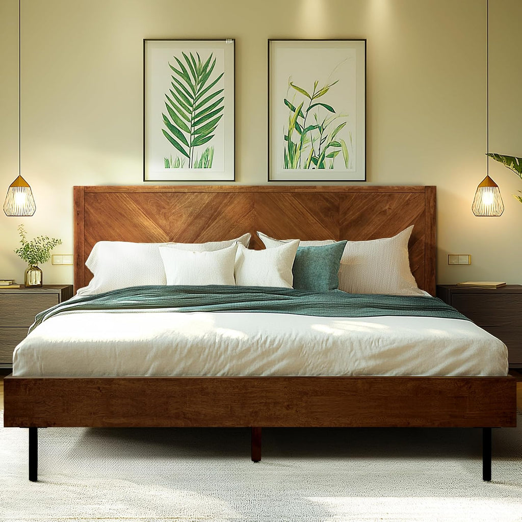Acacia Alander King Bed Frame and Headboard Solid Wood Platform Bed, Scandinavian Signature Wood Bed Compatible with All Mattress Types, Bed Frame King Bedroom Furniture, Wood Slats Support, Walnut
