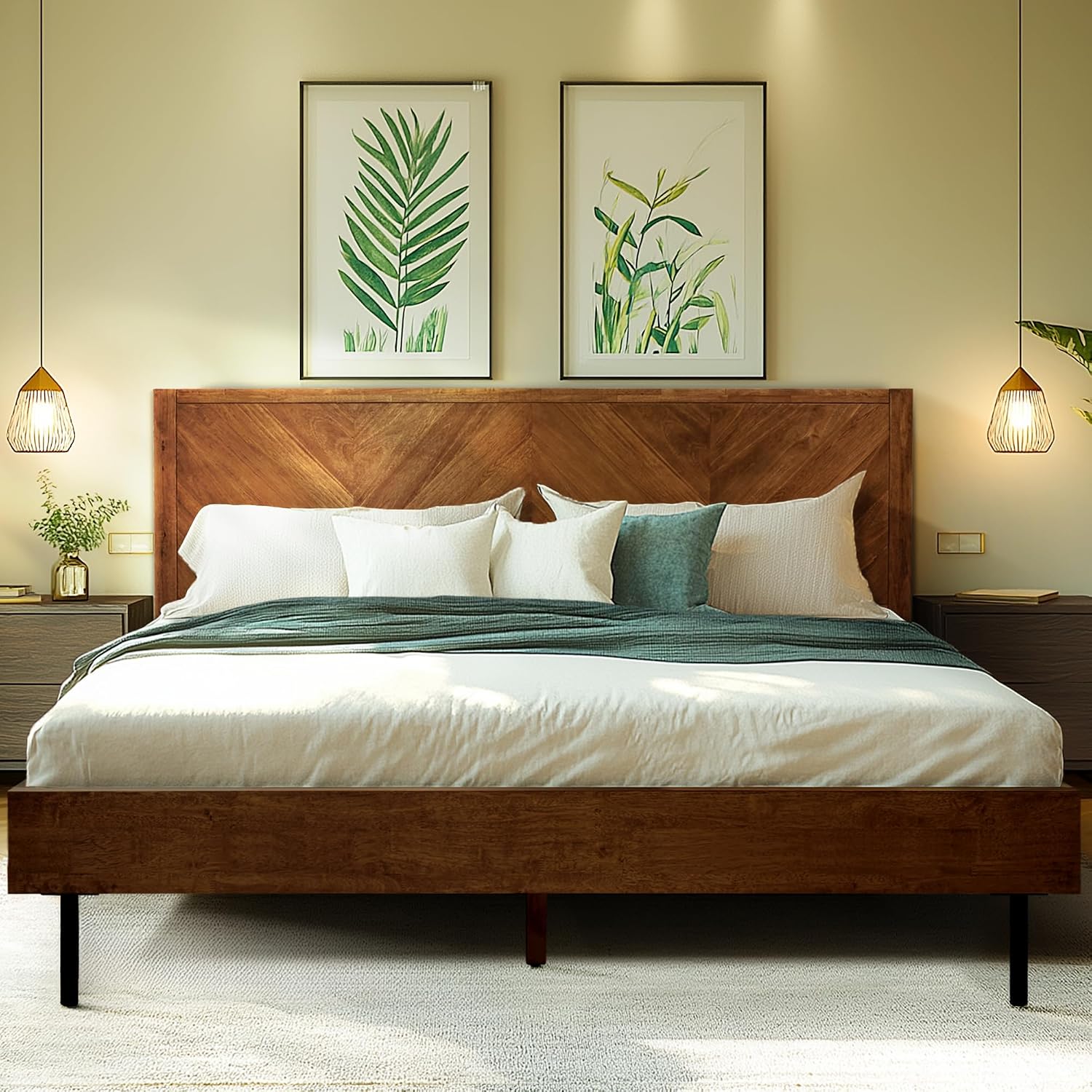 Acacia Alander King Bed Frame and Headboard Solid Wood Platform Bed, Scandinavian Signature Wood Bed Compatible with All Mattress Types, Bed Frame King Bedroom Furniture, Wood Slats Support, Walnut