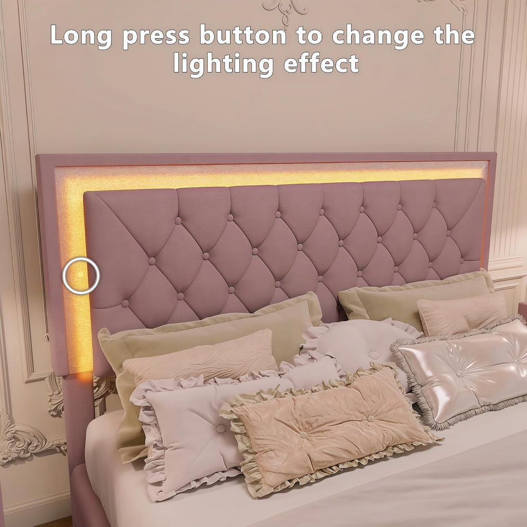 Flieks Bedroom Sets, 3-Pieces Bedroom Sets, Queen Size Upholstered Platform Bed with LED Lights and 2 Nightstands, Pink