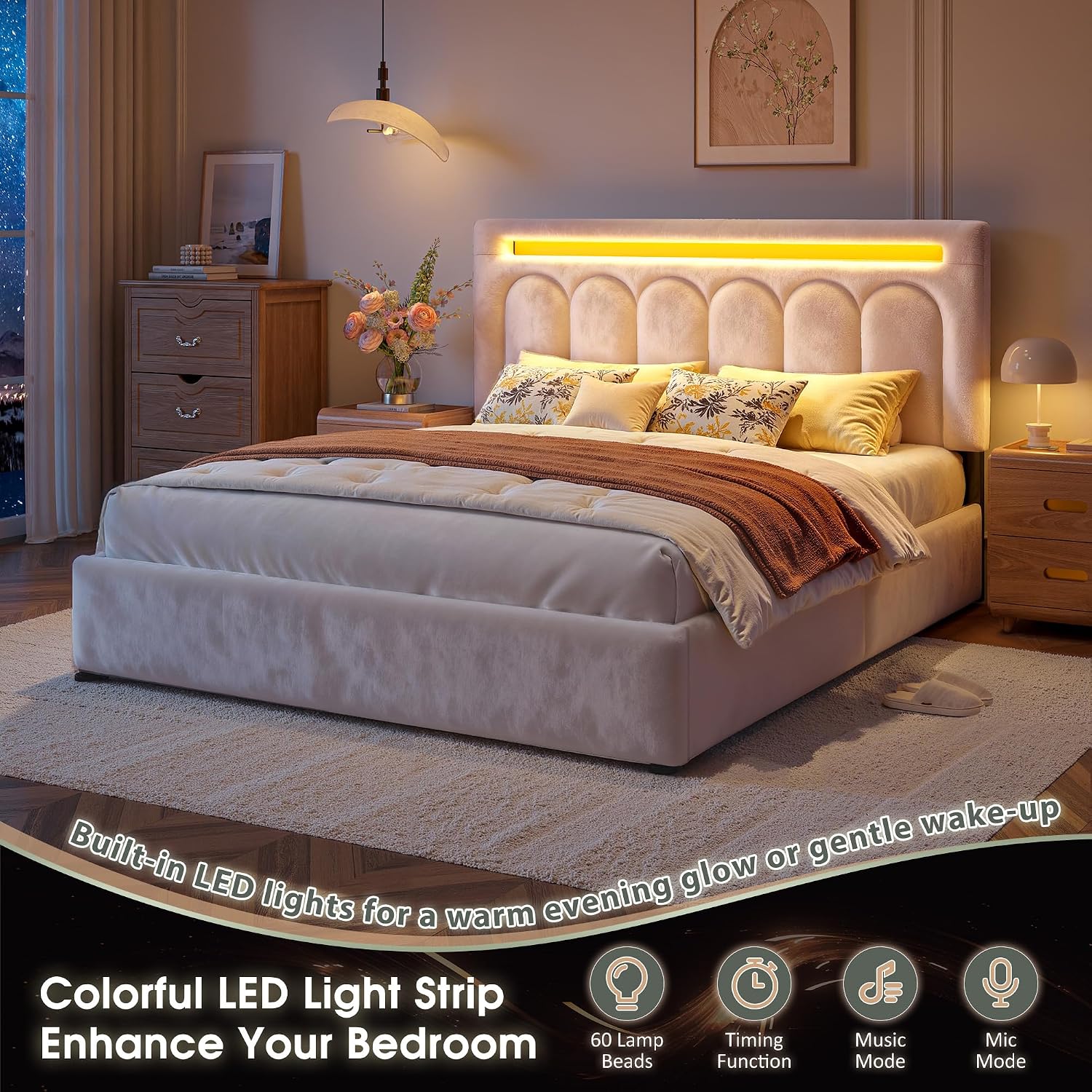 Homkdom Queen Upholstered Bed Frame with 4 Drawers and Velvet Headboard, Platform Bed Frame Queen Size with LED Lights, Wooden Slats Support,Easy Assembly, Beige