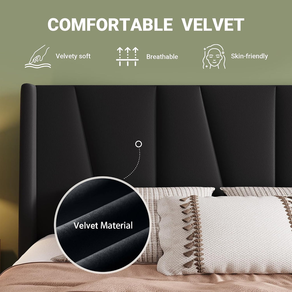 Allewie Queen Size Platform Velvet Bed Frame with Geometric Wingback Headboard, Boho Upholstered Bed with Wooden Slats Support, No Box Spring Needed, Easy Assembly, Black
