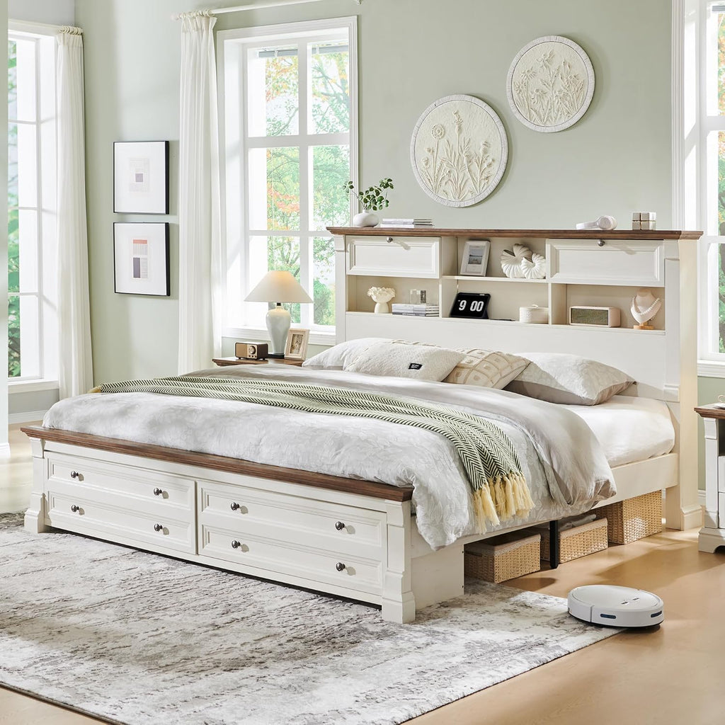 Farmhouse Queen Size Bed Frame with 54' Tall Storage Bookcase Headboard, Wood Platform Bed Frame with 2 Drawers & 18' Tall Roman Column Decoration Footboard, No Box Spring Needed(Antique White)