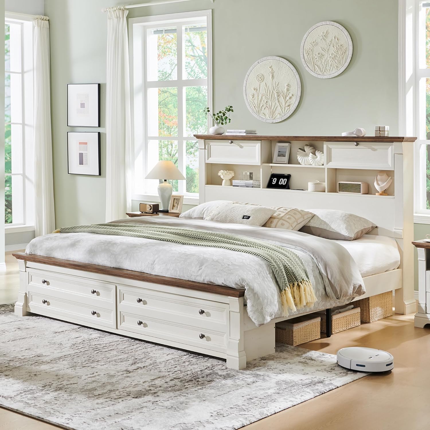 Farmhouse Queen Size Bed Frame with 54' Tall Storage Bookcase Headboard, Wood Platform Bed Frame with 2 Drawers & 18' Tall Roman Column Decoration Footboard, No Box Spring Needed(Antique White)
