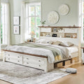 Farmhouse King Size Bed Frame with 54' Tall Storage Bookcase Headboard, Wood Platform Bed Frame with 2 Drawers & 18' Tall Roman Column Decoration Footboard, No Box Spring Needed(Antique White)