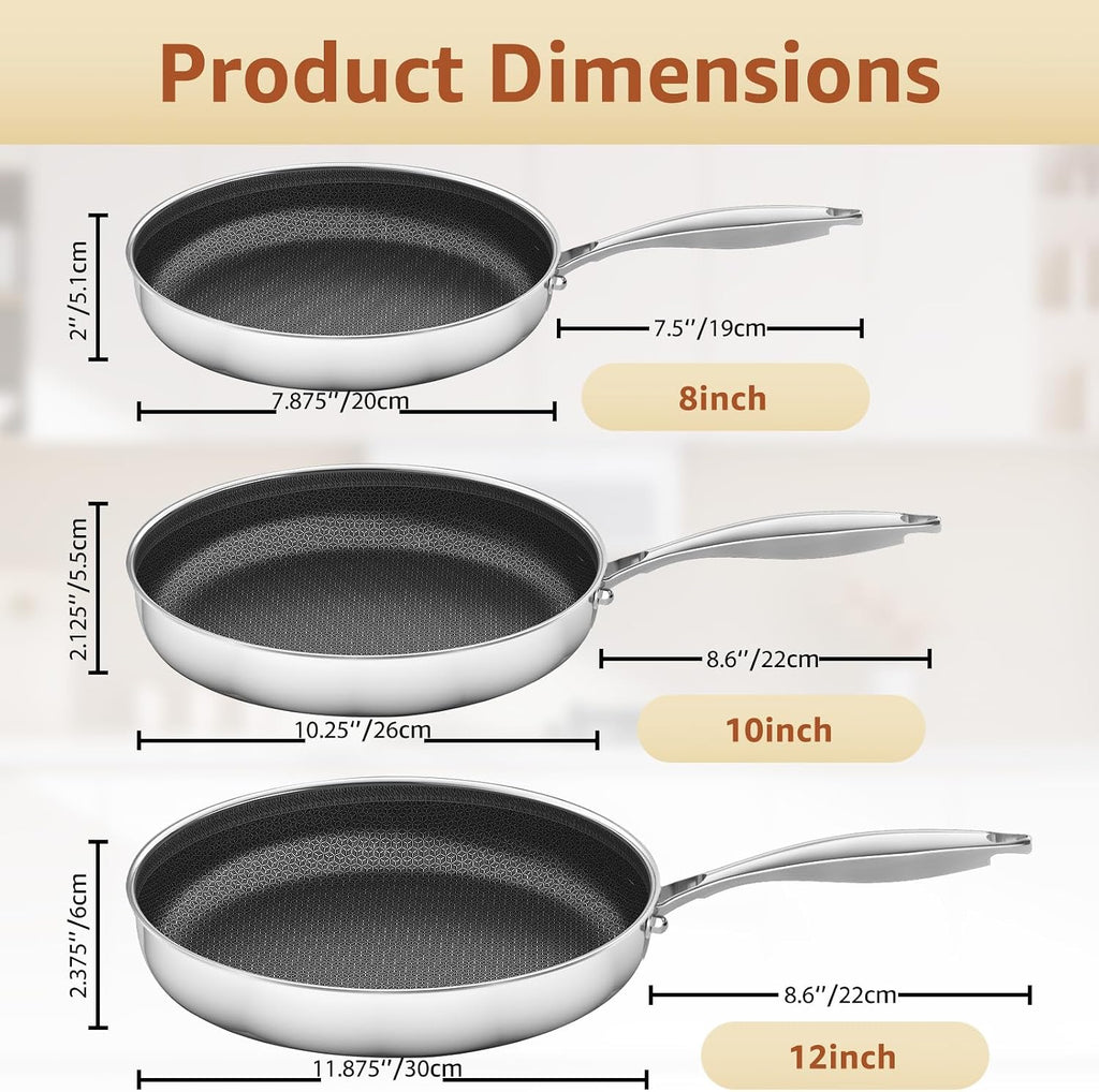 LOLYKITCH Frying Pan Set Nonstick, 8/10/12 Inch Stainless Steel Skillet with Detachable Handle and Glass Lids, Induction & Oven Safe, Professional Non-Toxic PFOA Free Pans for Everyday Cooking