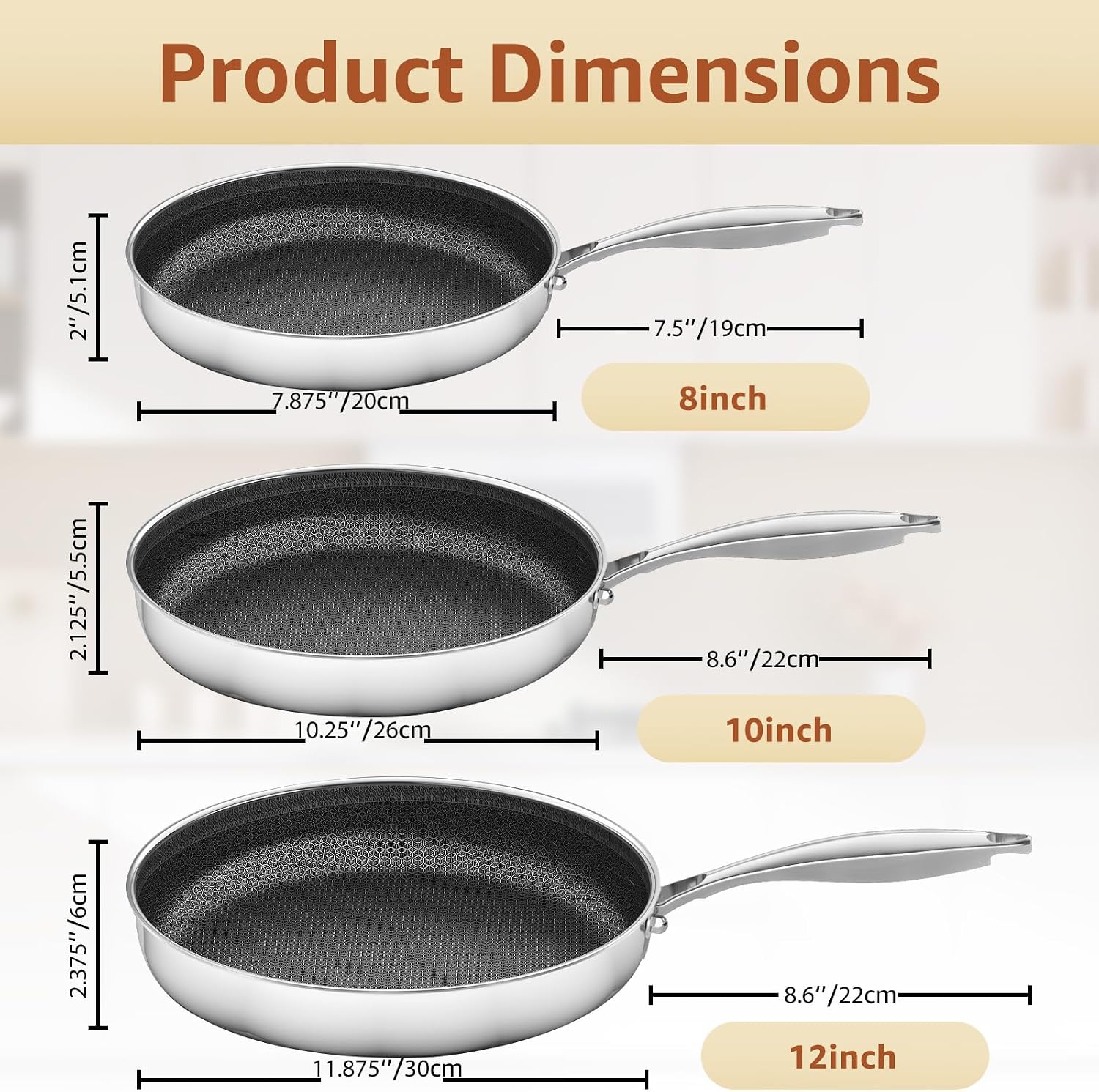 LOLYKITCH Frying Pan Set Nonstick, 8/10/12 Inch Stainless Steel Skillet with Detachable Handle and Glass Lids, Induction & Oven Safe, Professional Non-Toxic PFOA Free Pans for Everyday Cooking