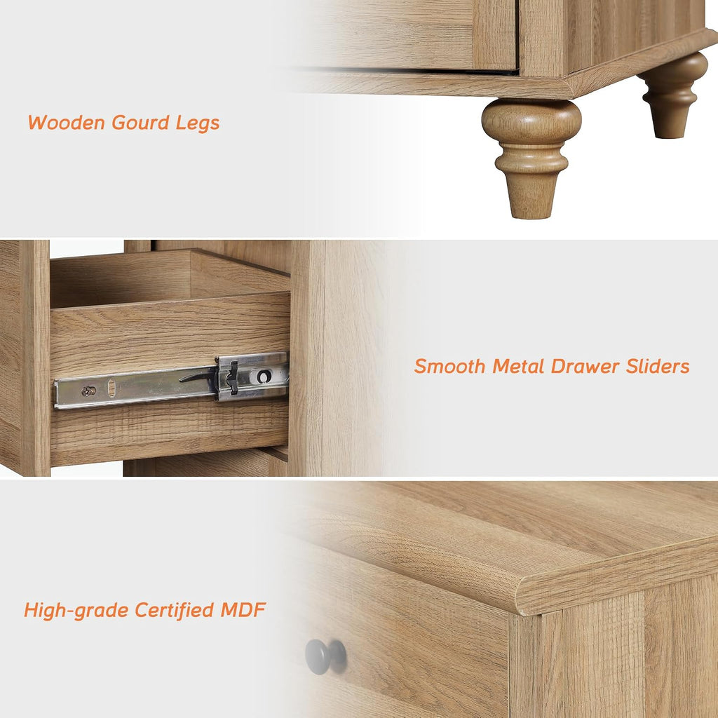 WAMPAT 2 Piece Bedroom Set - Includes 7 Drawer Dresser for Bedroom, Light Wooden Night Stand with Charging Station & Drawers, 2 Piece Dresser and Nightstand Sets, Oak