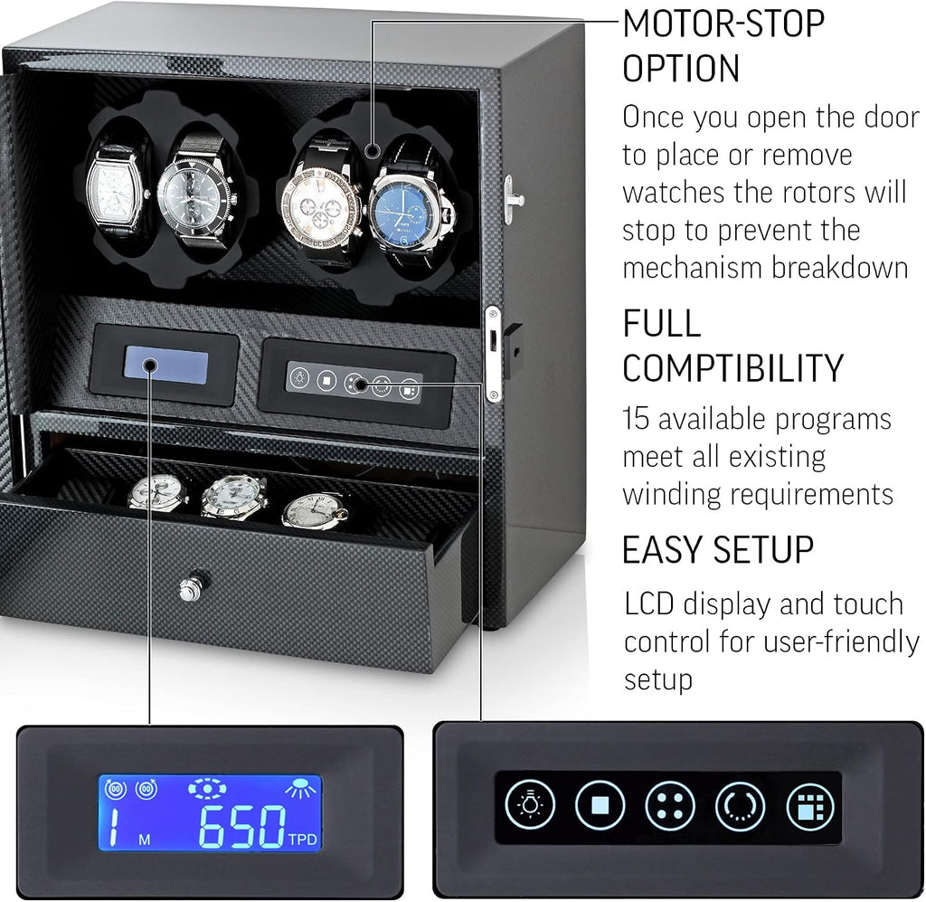 4 Watch Winder with 5 Watch Storage Space, LCD Display, Touch Control and Interior Light