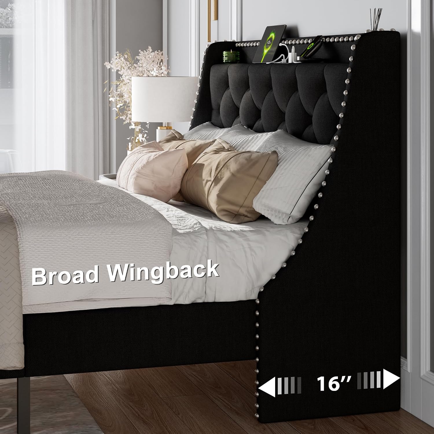 Feonase Full Size Bed Frame with Luxury Wingback and Fast Charging Station,Full Upholstered Button Tufted Storage Headboard Platform Bed,Sturdy Wooden Slats Support,Noise-Free,Easy Assembly,Black