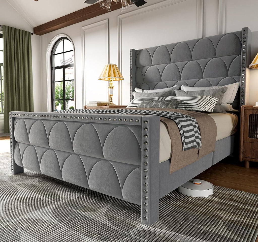 OHOHOLIVE Queen Size Bed Frame with 56' Headboard - Velvet Upholstered Wingback Platform Bed Frame, Noise Free, Sturdy Wooden Slat Support (Deep Gray, Queen)