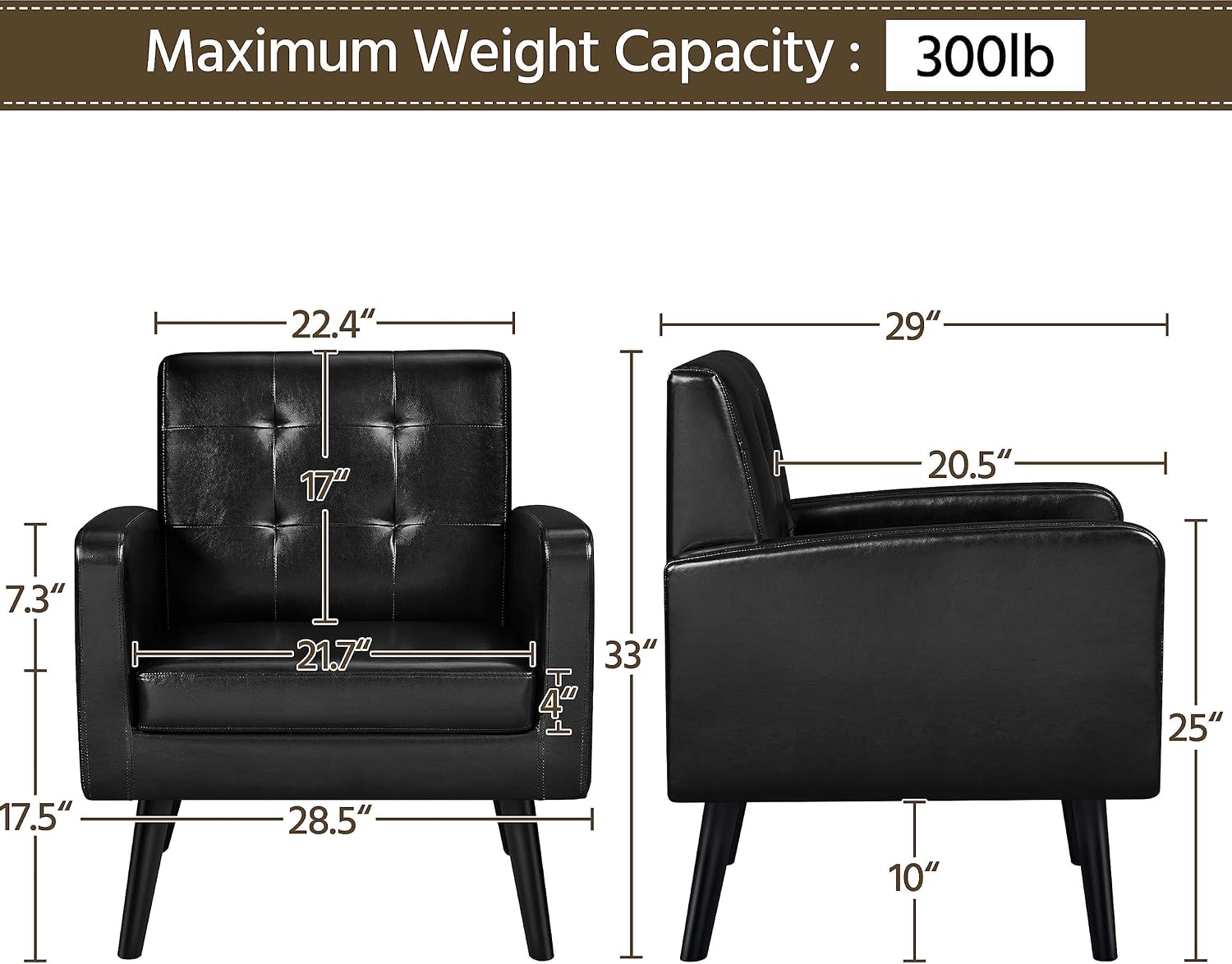 Yaheetech Mid-Century Accent Chairs, PU Leather Modern Upholstered Living Room Chair, Cozy Armchair Button Tufted Back and Wood Legs for Bedroom/Office/Cafe Black 2PCS