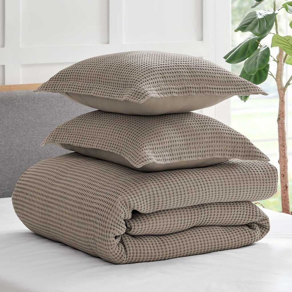Levtex Home Mills Waffle King Duvet Cover Set (106x94in) with 2 Pillow Shams (36x20in) - Beige Fawn - Cotton King Size Duvet Cover Set - Soft, Pre-Washed
