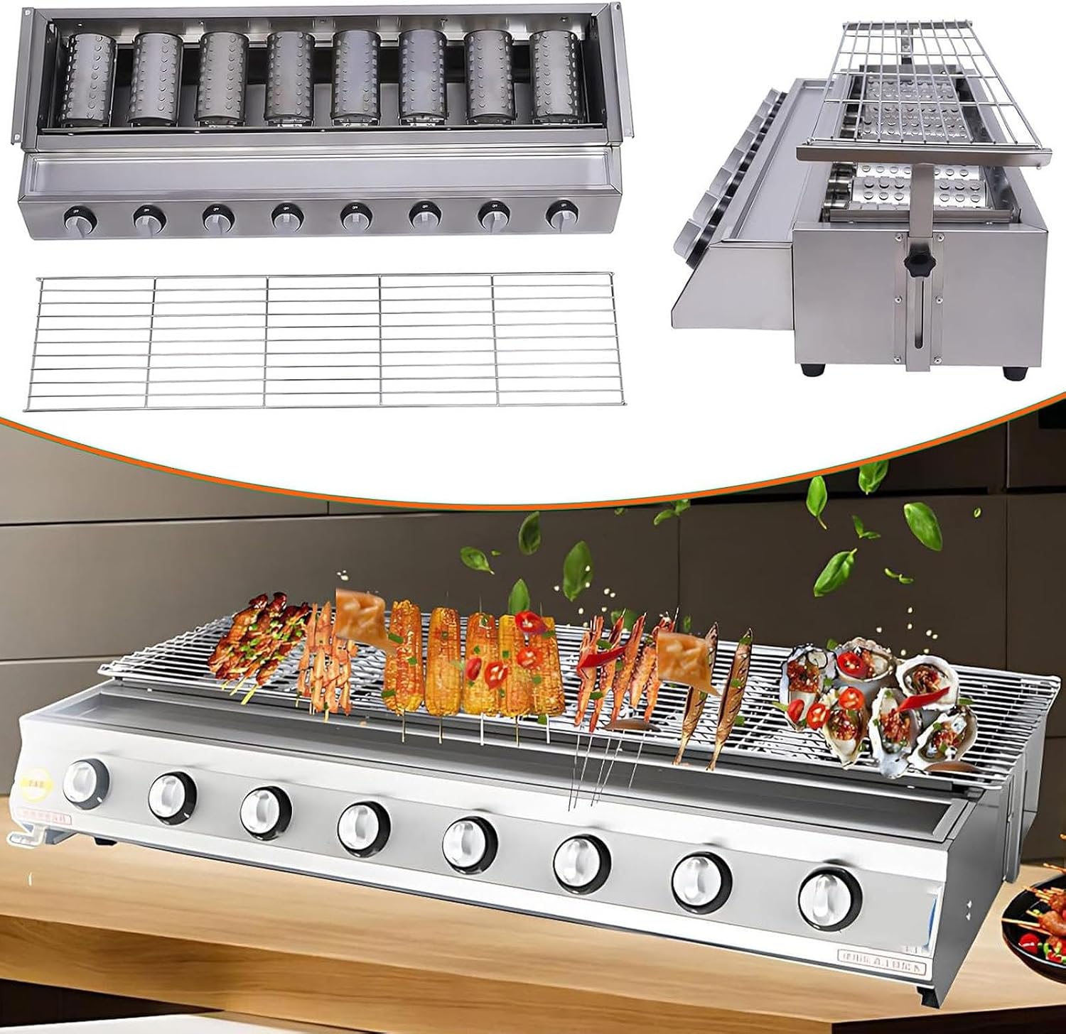 Tabletop Grill,LPG Gas BBQ Grill with 6/8 Burners, Portable Gas Barbecue Griddle,Removable Grids, Adjustable Height, for Indoor Kitchen Use for Parties, Backyard Gatherings B
