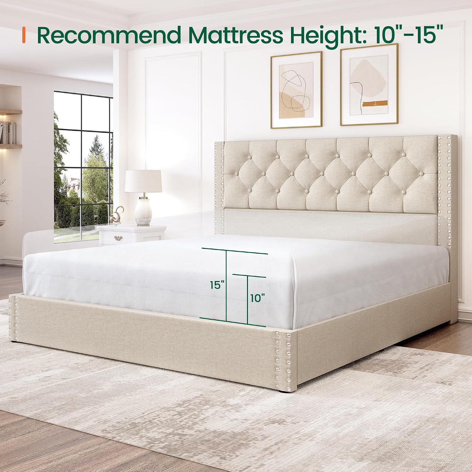 LARMACE Full Size Bed Frame with 4 Storage Drawers and Tufted Headboard Linen Upholstered Platform Bed Frame with Heavy Duty Wood Slats,No Box Spring Needed,Easy Assembly,Beige