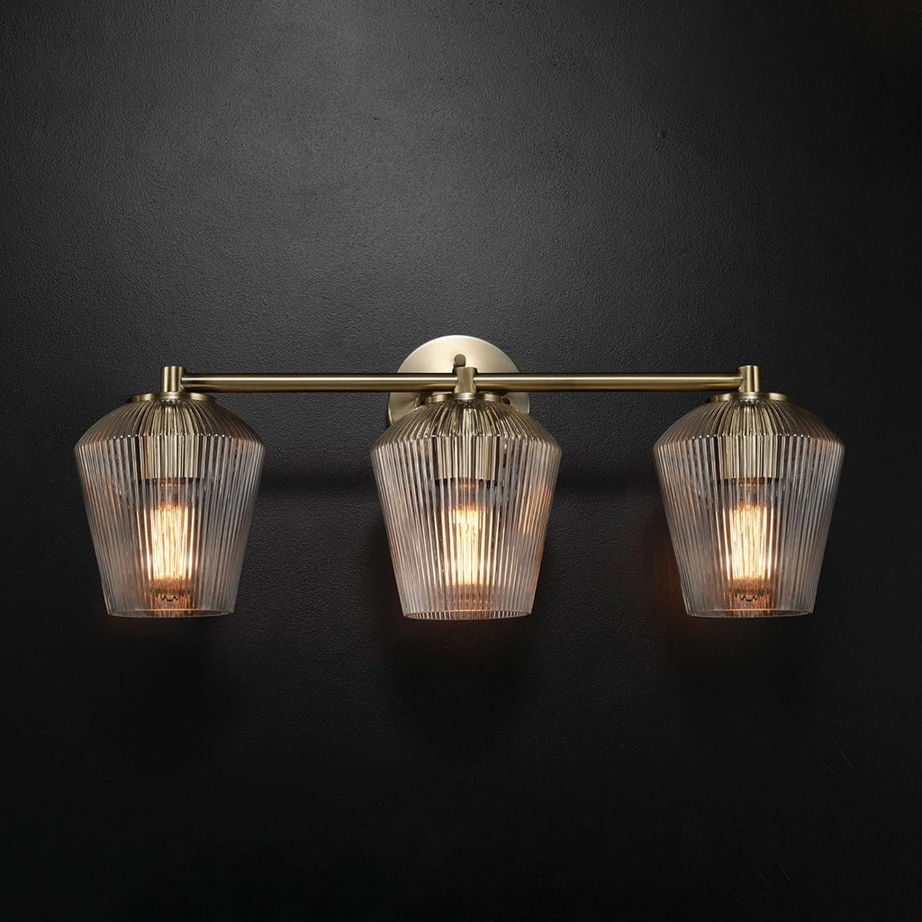 GLOBE Electric 63000063 5-Piece All-in-One Bathroom Set, Matte Brass Finish, 3-Light Vanity Light, Glass Shades, Towel Bar, Toilet Paper Holder, Towel Ring, Robe Hook, Bathroom Lights Over Mirror