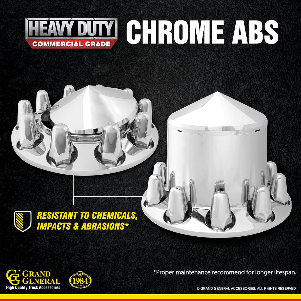 GG Grand General 40233 Chrome Plastic Complete ABS Axle Set (2 Front & 4 Rear) w/Cone Style Hub Caps and Push-On 33mm Lug Nut Covers for Trucks, 4 Pack, '33mm x 3'''