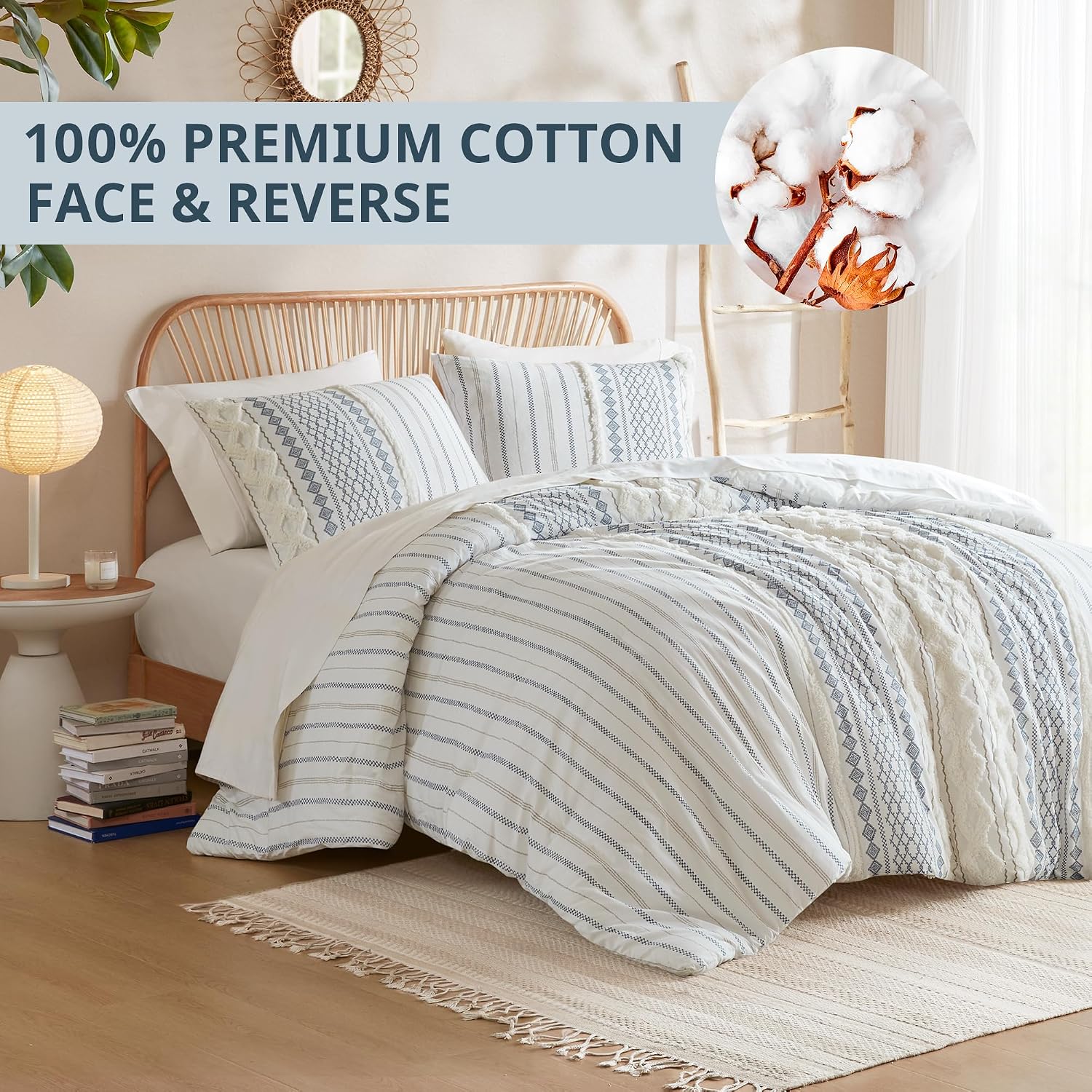 Ink+Ivy King Comforter Set, Boho Comforters, Breathable Cotton Bed Set, All Season Modern Chenille Tufted Comforter with Farmhouse Bedding Flare, Gifts for Woman, White/Navy 3 Piece