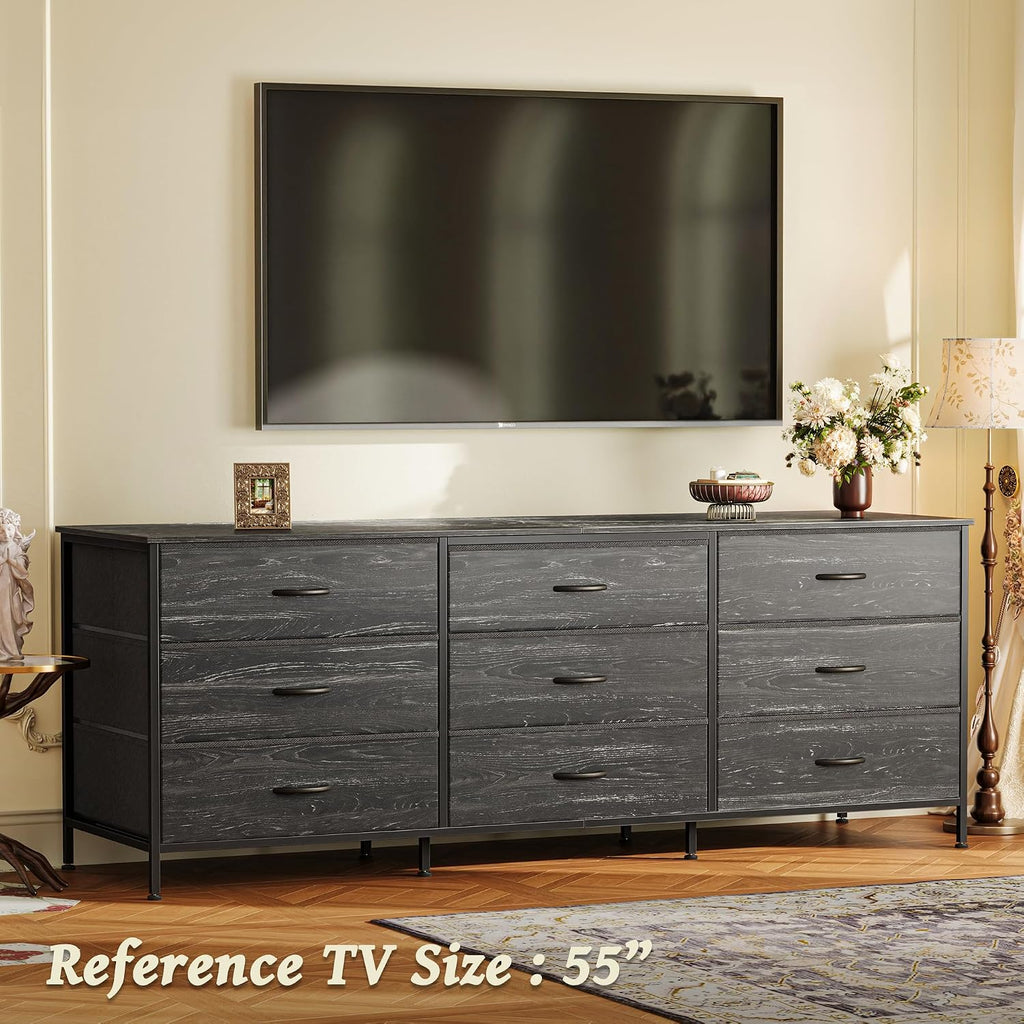 Huuger 63 Inch Dresser for Bedroom, Dresser for Closet with 9 Fabric Drawers, Large TV Stand for 55, 65, 70 Inch TV, Entertainment Center, Wide Long Chest of Drawers, Charcoal Black Wood Grain Print