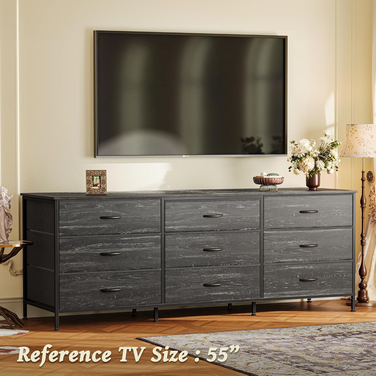 Huuger 63 Inch Dresser for Bedroom, Dresser for Closet with 9 Fabric Drawers, Large TV Stand for 55, 65, 70 Inch TV, Entertainment Center, Wide Long Chest of Drawers, Charcoal Black Wood Grain Print