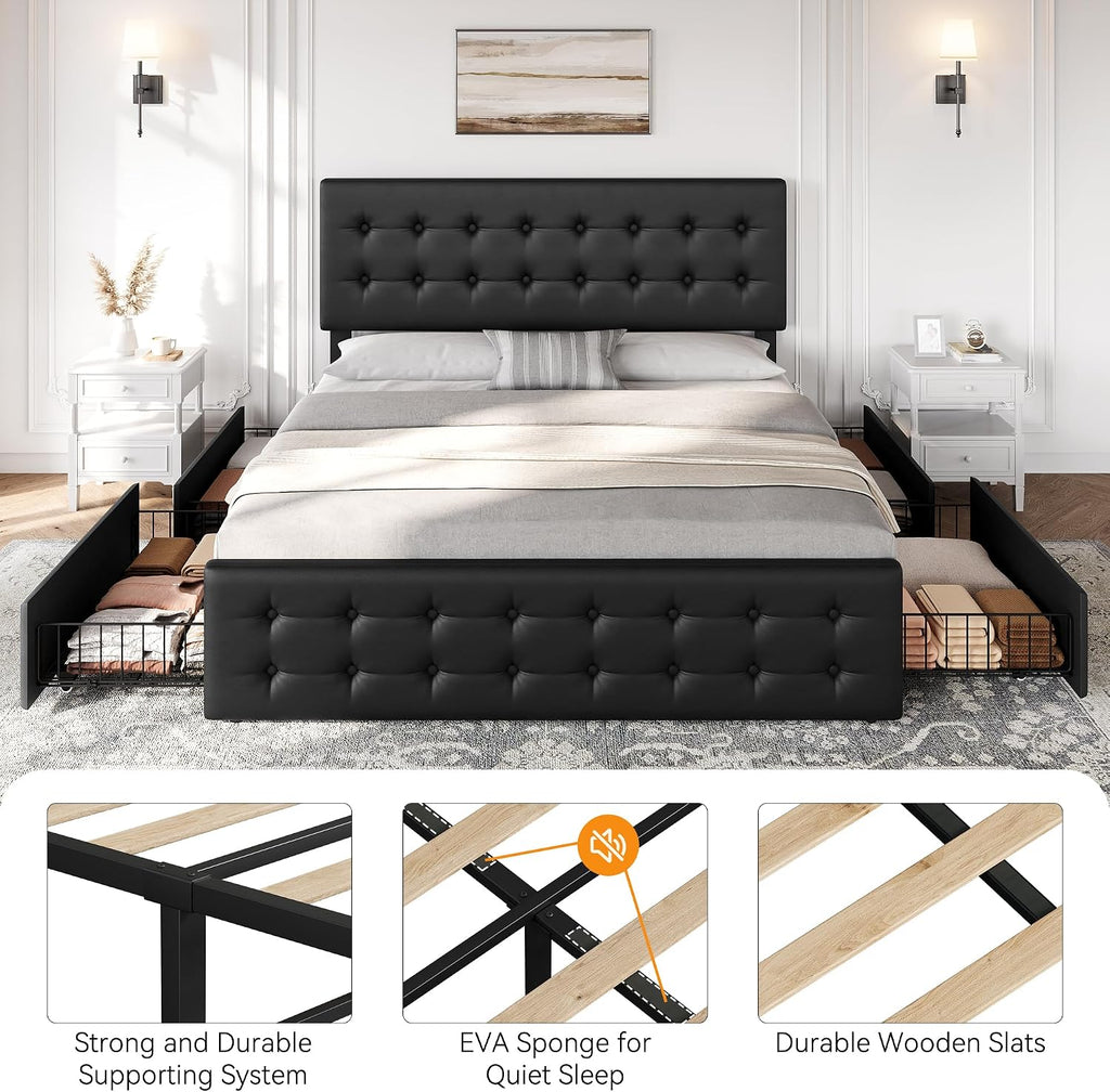 IDEALHOUSE King Size Bed Frame with 4 Storage Drawers and Headboard, Faux Leather Upholstered Platform Bed Frame with Wooden Slats Support, Button Tufted Design, No Box Spring Needed, Black