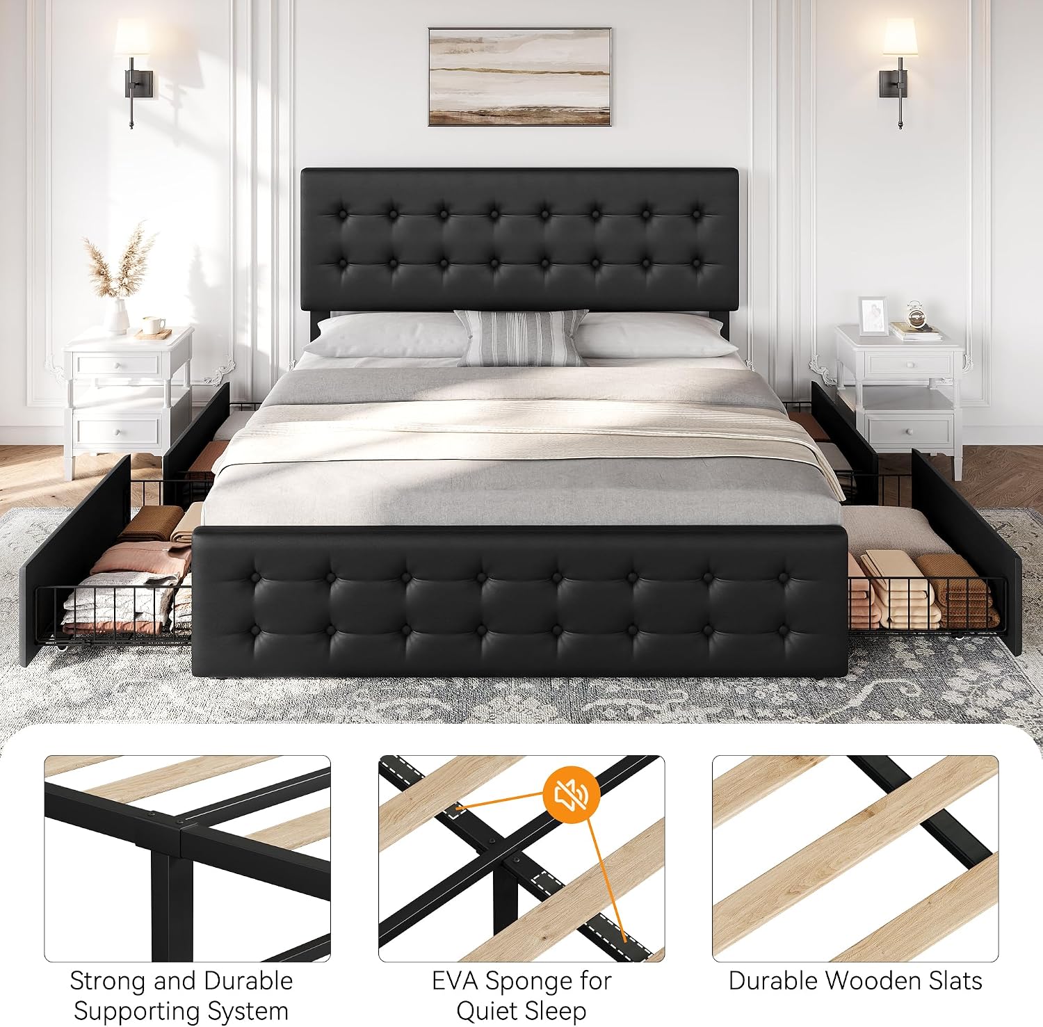 IDEALHOUSE King Size Bed Frame with 4 Storage Drawers and Headboard, Faux Leather Upholstered Platform Bed Frame with Wooden Slats Support, Button Tufted Design, No Box Spring Needed, Black
