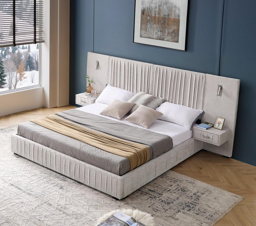 KEIKI King Size Chenille Bed Frame with 2 Nightstands, Lamps & Oversize Headboard, Solid Wood Frame Platform Night Stand Bedroom Set, Upholstered Floor Grounded Bed, No Box Spring Needed, Beige