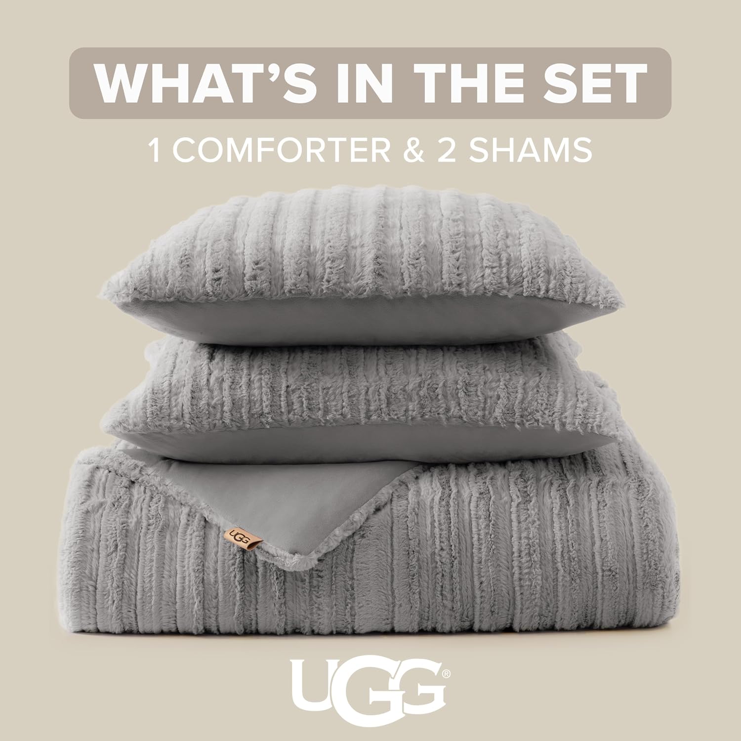 UGG Kenzie Full/Queen Comforter Set with 2 Pillow Shams Plush Faux Fur Bedding Soft Warm Down Alternative Comforter Washable Hypoallergenic Fluffy Blanket Set for Bedroom, Full/Queen Size, Seal