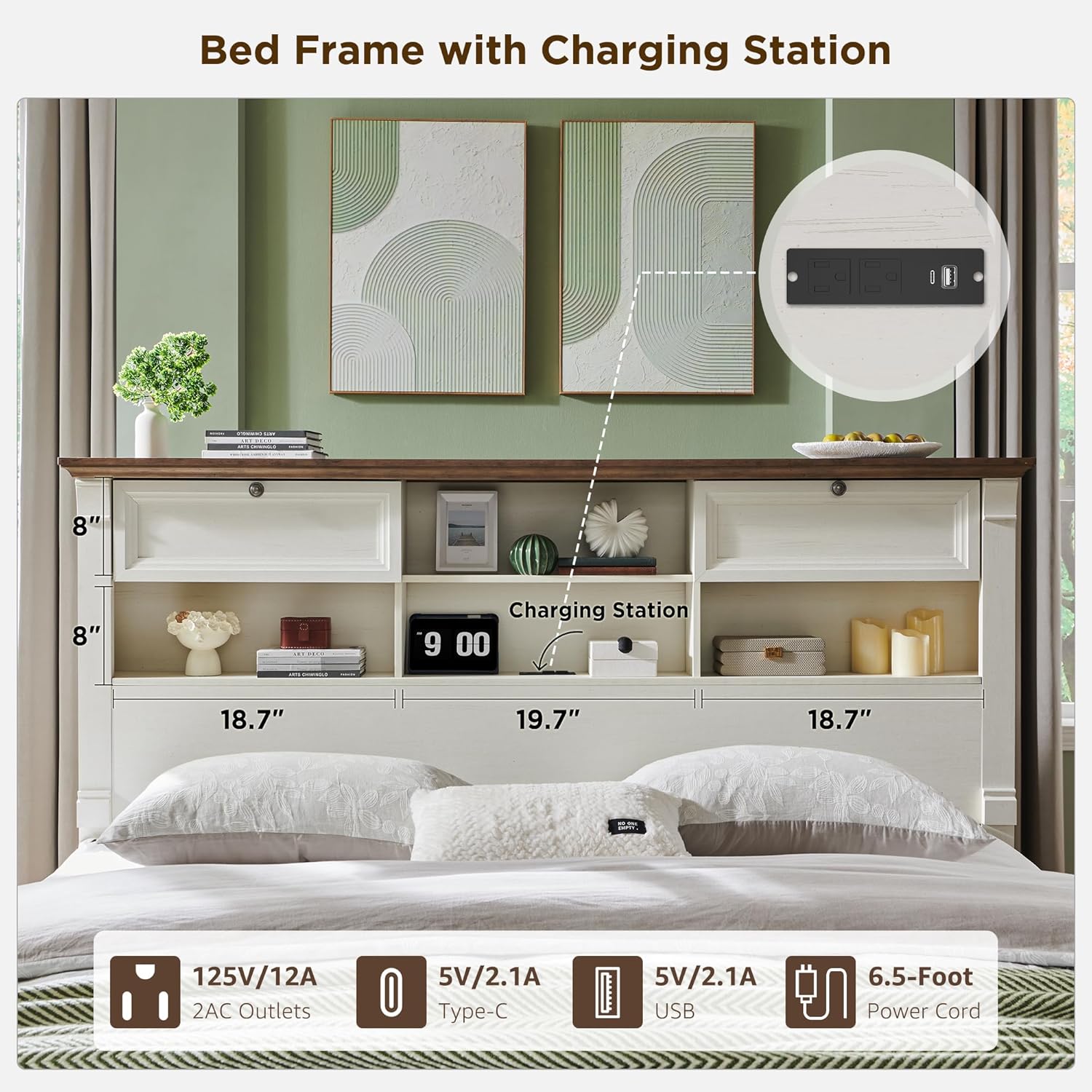Farmhouse Queen Size Bed Frame with 54' Tall Storage Bookcase Headboard, Wood Platform Bed Frame with 2 Drawers & 18' Tall Roman Column Decoration Footboard, No Box Spring Needed(Antique White)