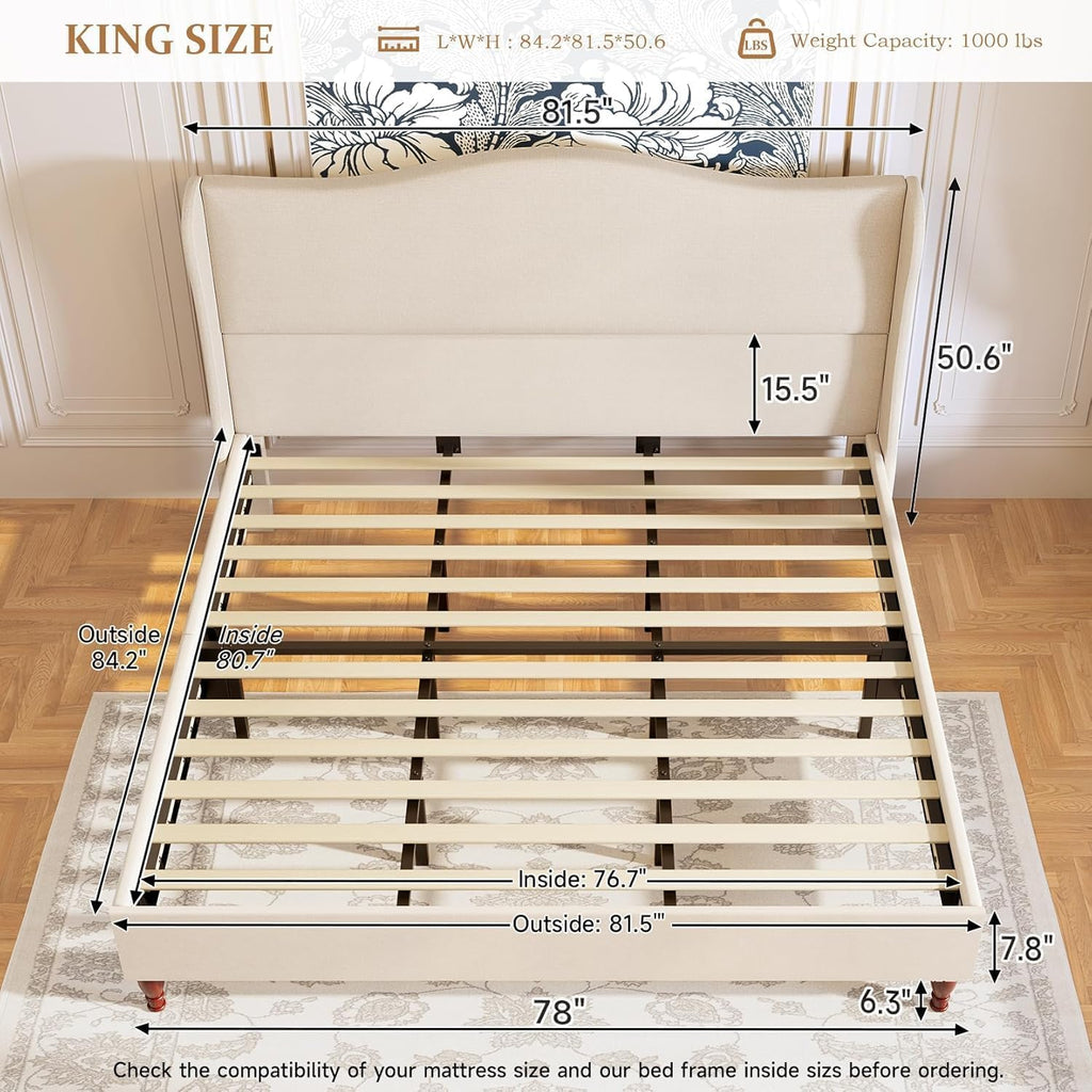koorlian King Size Bed Frame Upholstered Platform Bed with 51' Tall Headboard Wingback, Soft Fabric, Retro Simple Style Platform Bed No Box Spring Needed, Easy Assembly, Beige