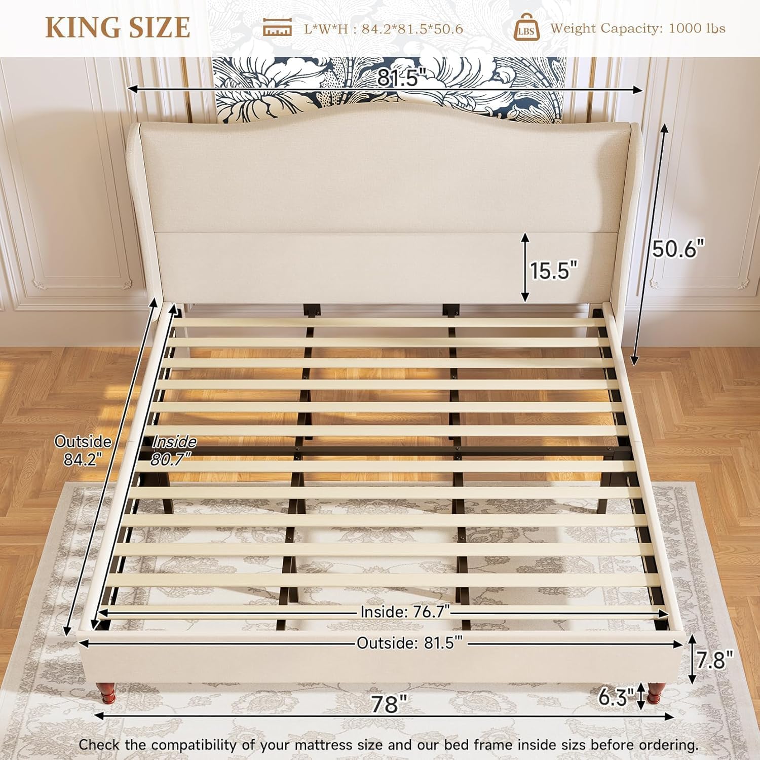 koorlian King Size Bed Frame Upholstered Platform Bed with 51' Tall Headboard Wingback, Soft Fabric, Retro Simple Style Platform Bed No Box Spring Needed, Easy Assembly, Beige