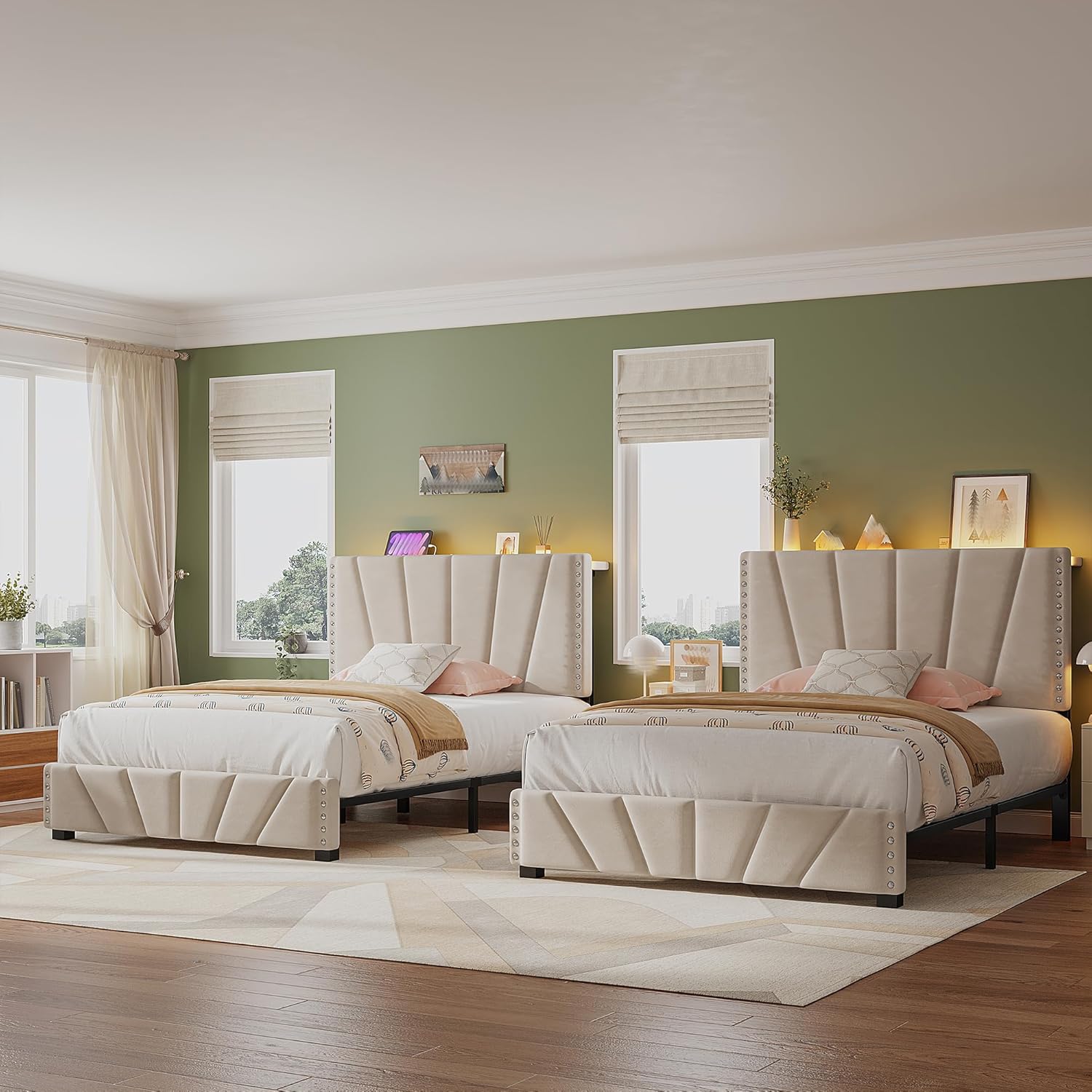 EnHomee Twin Platform Bed Frame with Velvet Upholstered Adjustable Headboard, LED Lights, and Charging Station for Bedroom, Apartment, and Dorm, No Box Spring Needed, Noise-Free, Easy Assembly, Beige