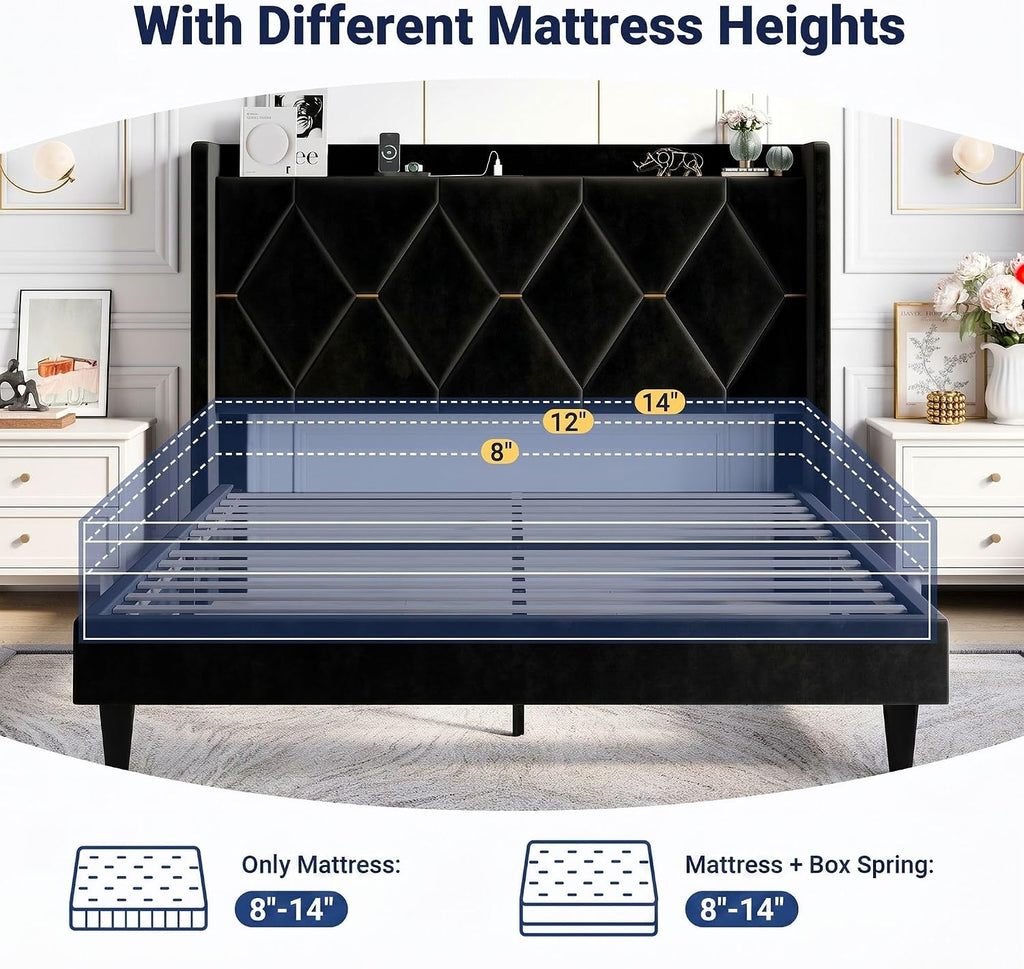 Allewie Velvet Full Size Upholstered Bed Frame with Wingback Storage Headboard & Charging Station, Platform Bed with Diamond Tufted Design & Gold Trim, No Box Spring Needed, Easy Assembly, Black
