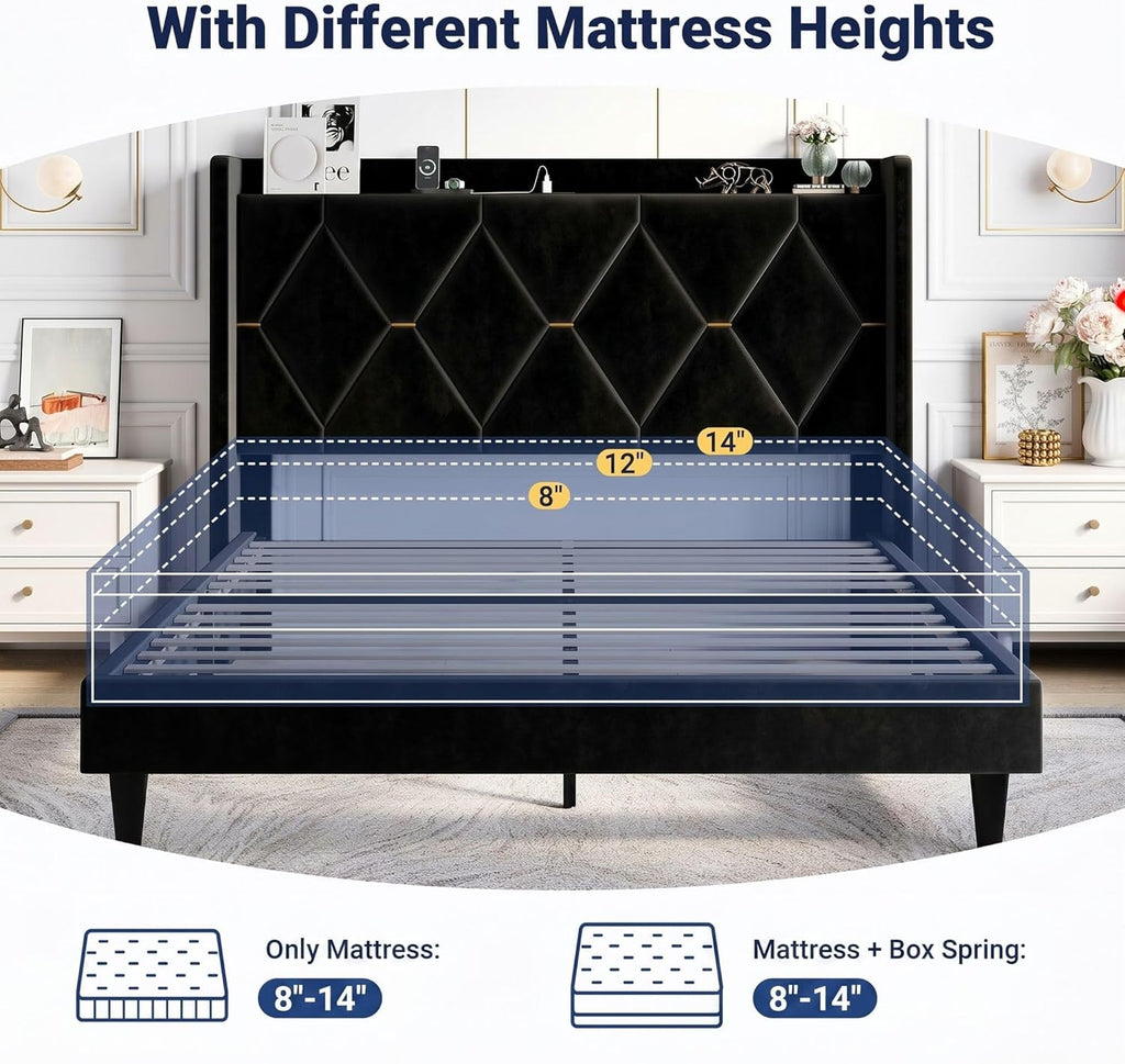 Allewie Velvet Queen Upholstered Bed Frame with Wingback Storage Headboard & Charging Station, Platform Bed with Diamond Tufted Design & Gold Trim, No Box Spring Needed, Easy Assembly, Black