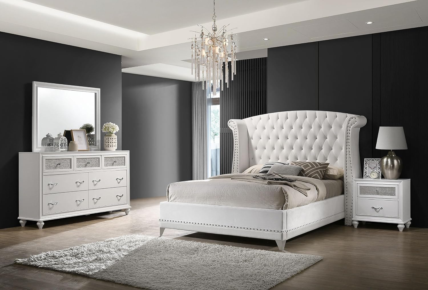 Coaster Home Furnishings Barzini Modern Classic 4-Piece Bedroom Set Velvet Upholstered California King Size Wingback Bed Frame 63-inch Headboard White 300843KW-S4