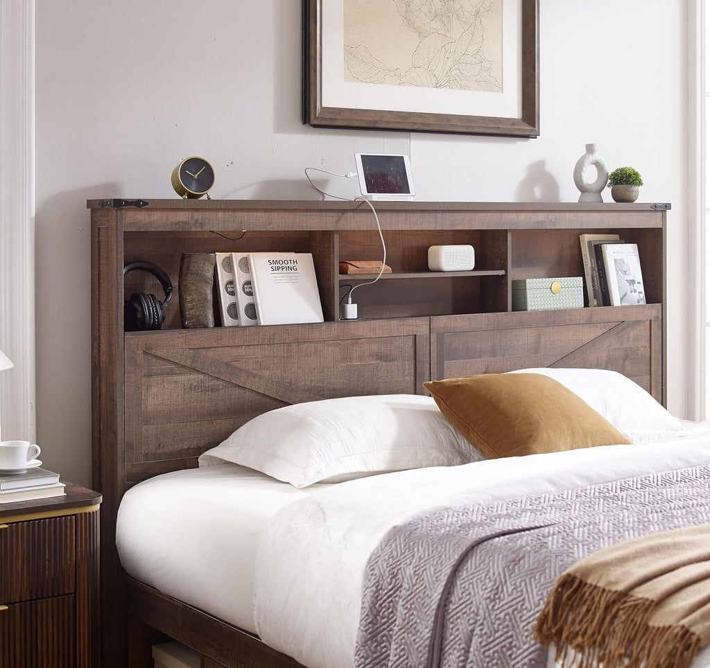 ACCOHOHO Farmhouse King Size Bed Frame with 52' High Storage Bookcase Headboard and 4 Drawers,Wooden Bed Frame with LED Light and Charging Station,Light Brown