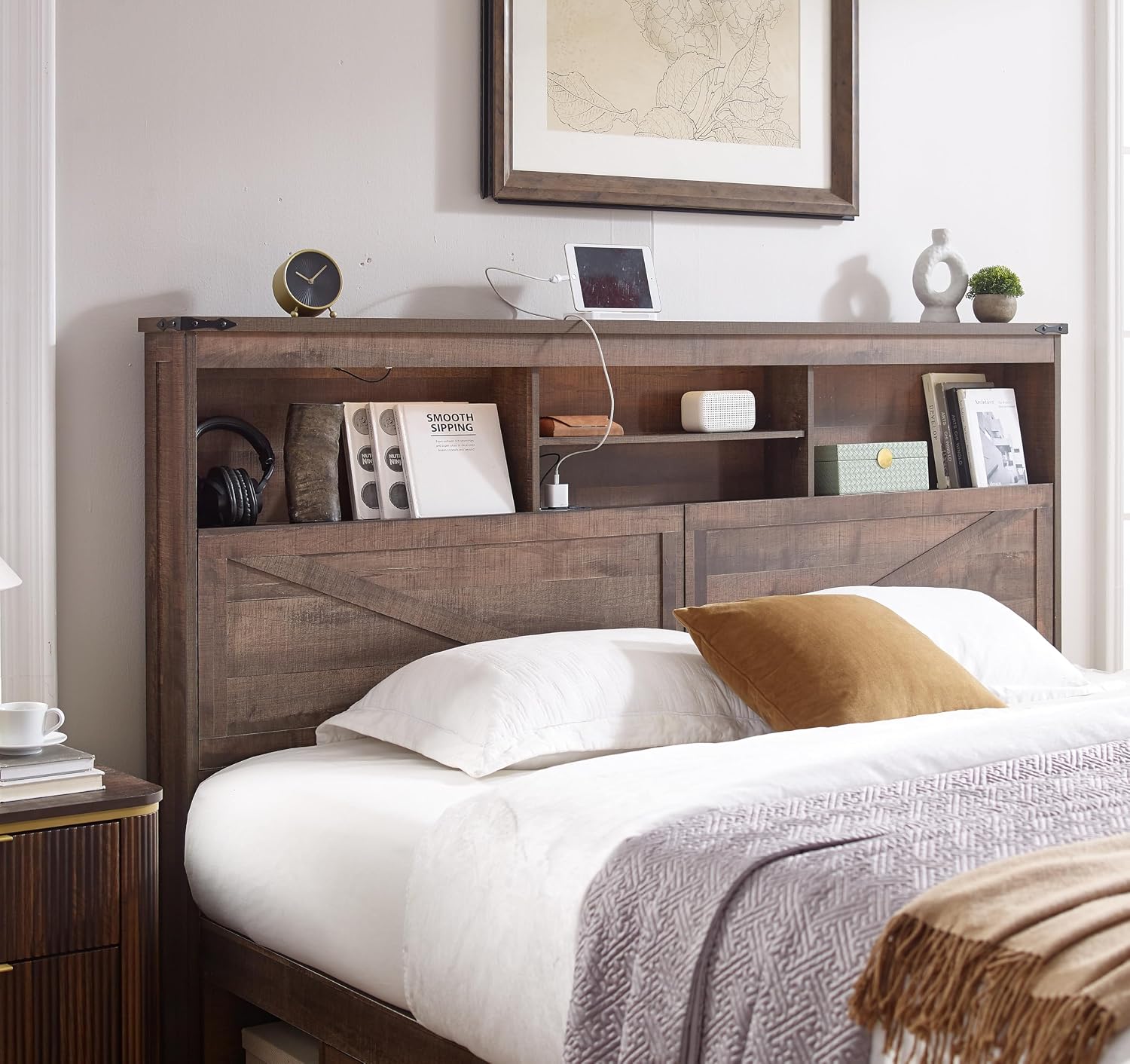 ACCOHOHO Farmhouse King Size Bed Frame with 52' High Storage Bookcase Headboard and 4 Drawers,Wooden Bed Frame with LED Light and Charging Station,Light Brown