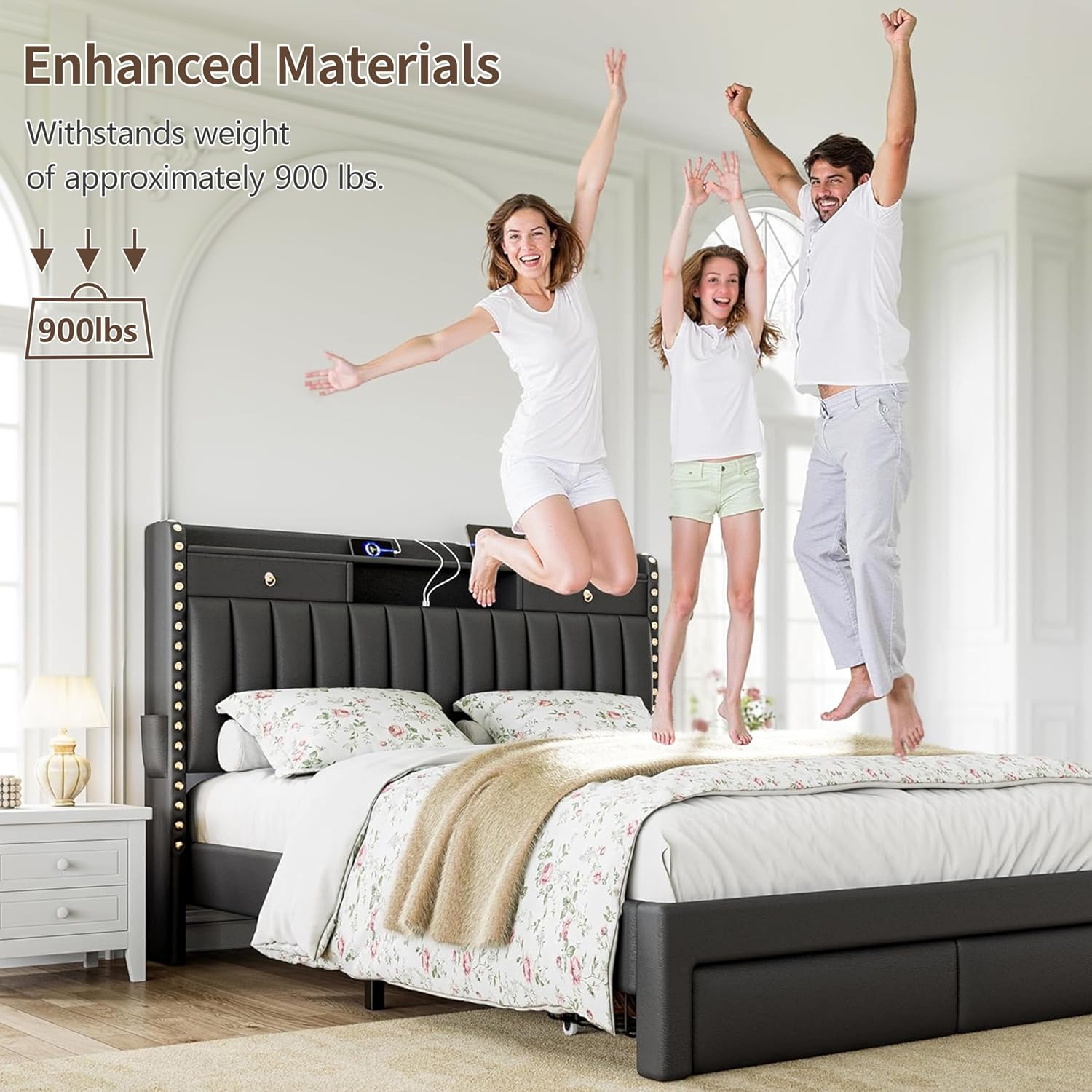 CypBed Full Upholstered Platform Bed Frame with Storage Headboard, USB & Type-C Charging Ports, 4 Drawers, Solid Wood Slats, No Box Spring Needed, Black,Gifts