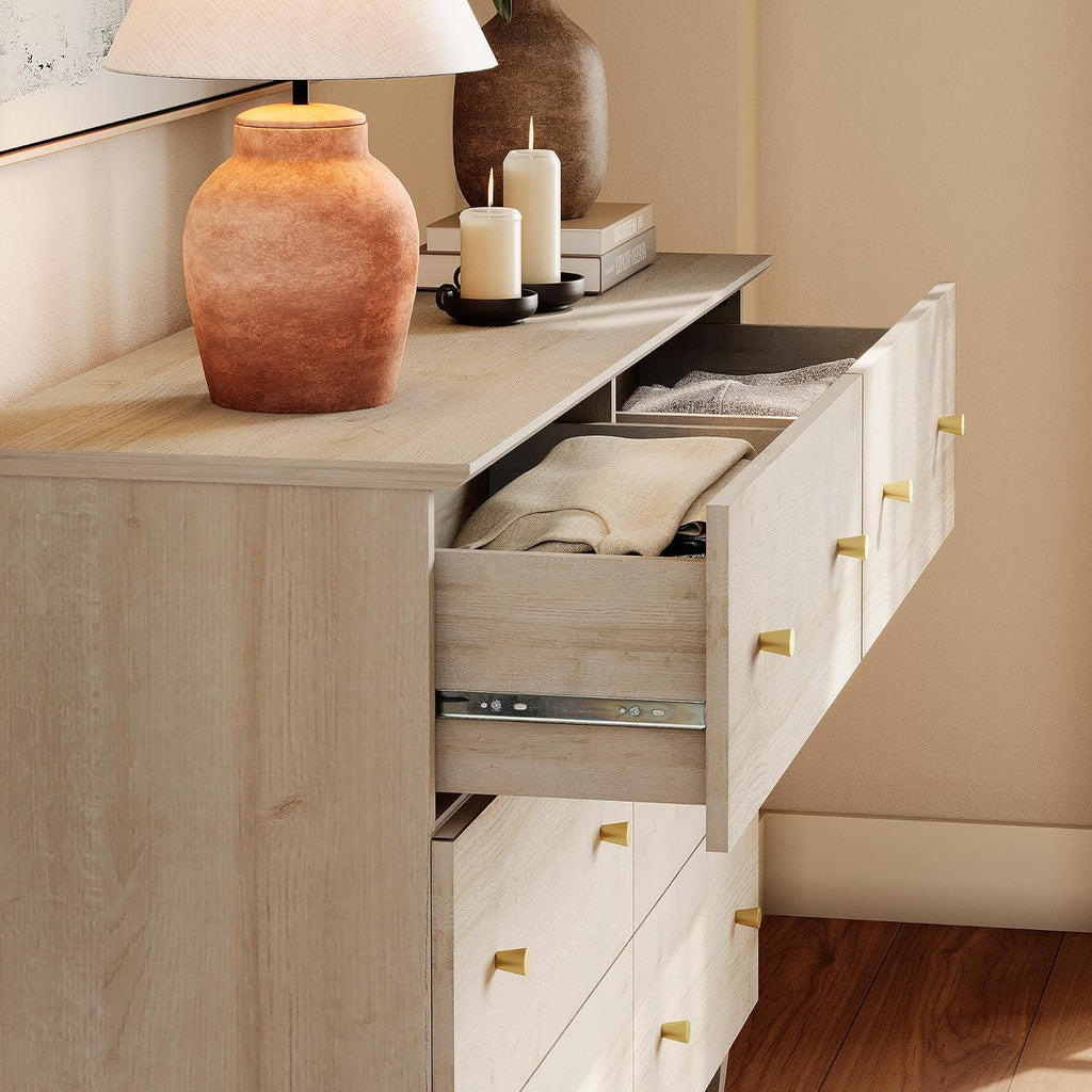WAMPAT Dresser and Nightstands 3 Pieces, 47.2 Inches Wood Dresser with 6 Drawers, Set of 2 Night Stands with Drawers and Charging Stations, Bedroom Chest of Drawers and Bedside Tables Set, Light Oak