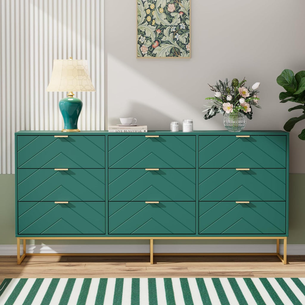 Anbuy 9 Drawer Dresser and Nightstand Sets for Bedroom, Night Stand Set of 2 & 9 Drawer Dresser with Gold Handles, 3 Pieces Bedroom Sets, Morden Wood Chest of Drawers Storage Cabinet Set, Green