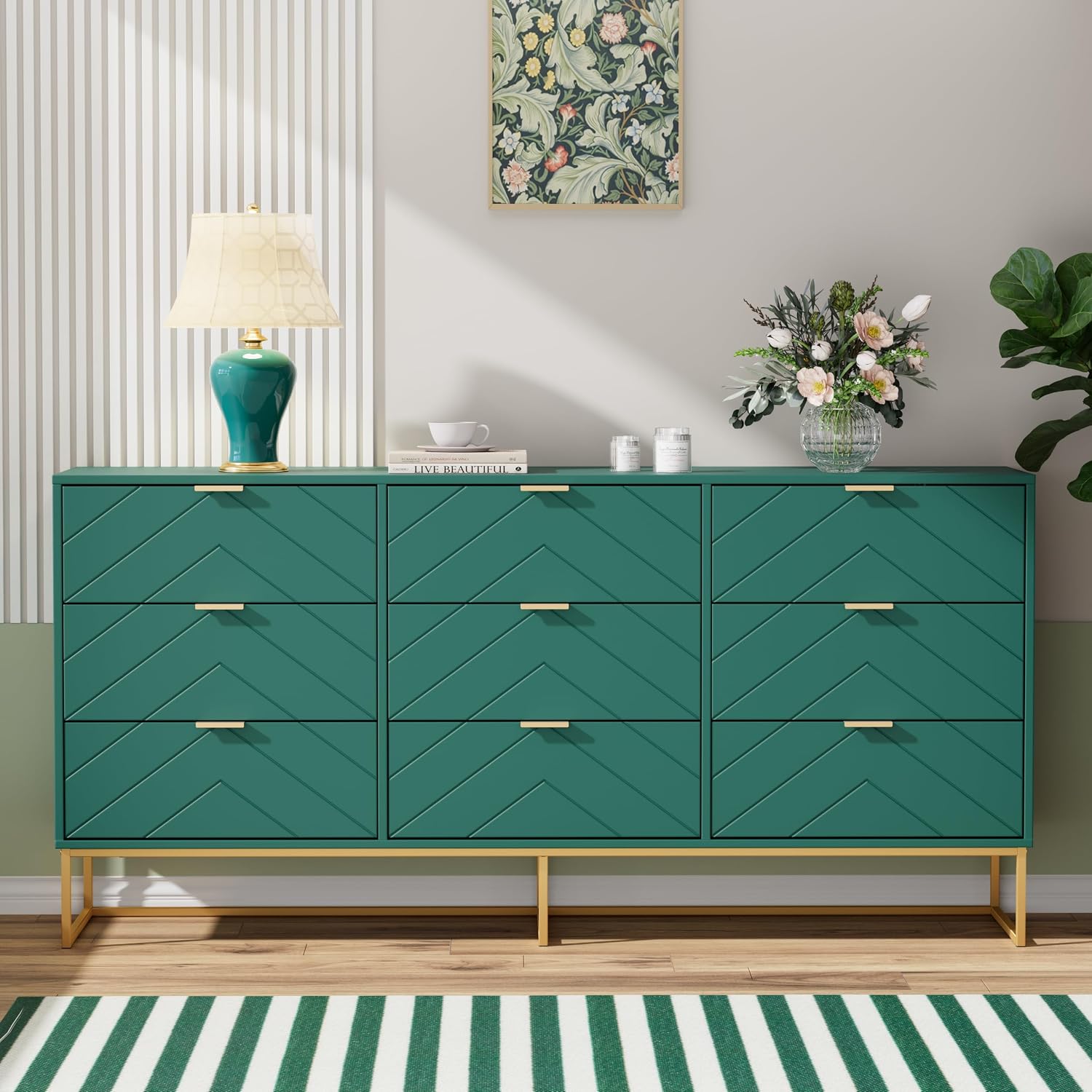 Anbuy 9 Drawer Dresser and Nightstand Sets for Bedroom, Night Stand Set of 2 & 9 Drawer Dresser with Gold Handles, 3 Pieces Bedroom Sets, Morden Wood Chest of Drawers Storage Cabinet Set, Green