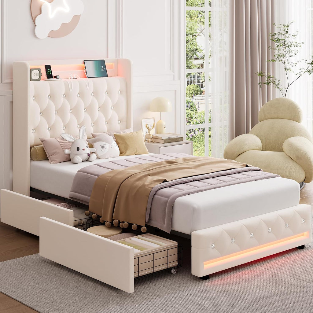 HIFIT Upholstered Twin LED Bed Frame with Charging Station Headboard & 2 Storage Drawer, Velvet Crystal Button-Tufted Princess Twin Size Platform Bed Frames for Girls, No Box Spring Needed, Beige