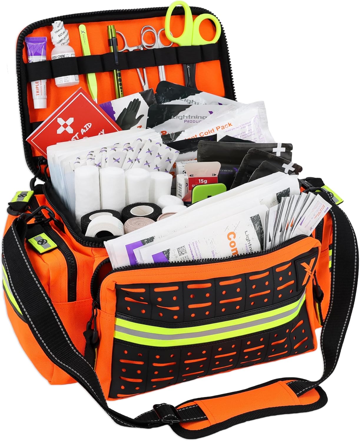 Lightning X Products Lightning X Mid-Sized First Responder EMT Bag | LXMB25 Fully Stocked Aid Kit w/ 200+ BLS Supplies - Orange
