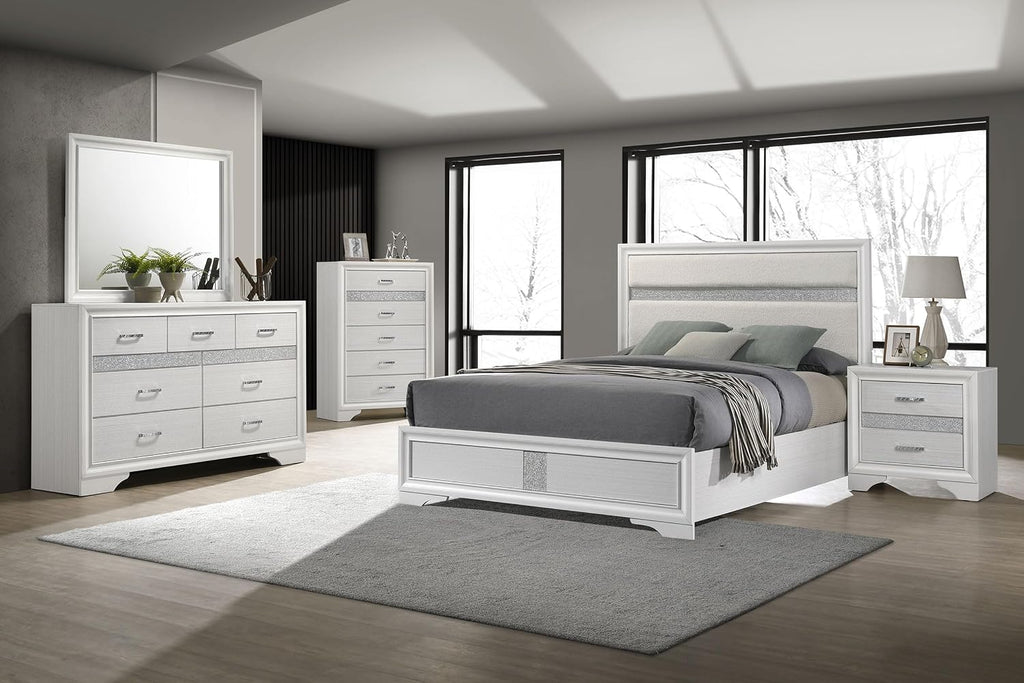 Coaster Home Furnishings Miranda Contemporary 5-Piece Bedroom Set Fabric Upholstered Queen Size Panel Bed Frame 54-inch Headboard White 205110Q-S5