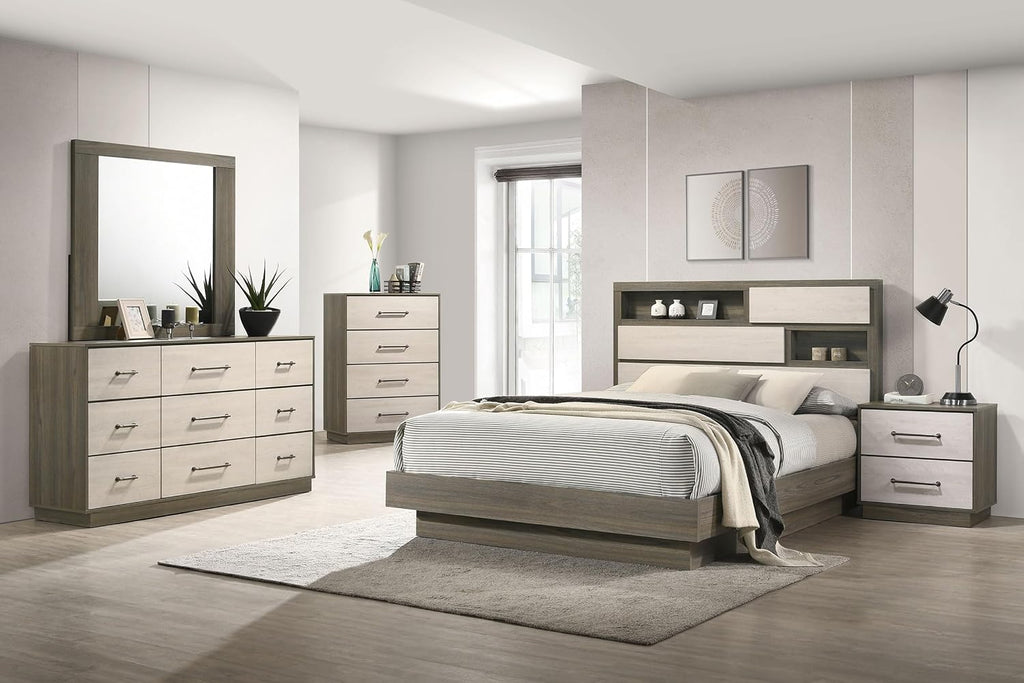 Coaster Home Furnishings Fenwick Contemporary 5-Piece Bedroom Set Eastern King Size Bookcase Bed Frame 48-inch Headboard Grey Oak/Almond 224981KE-S5