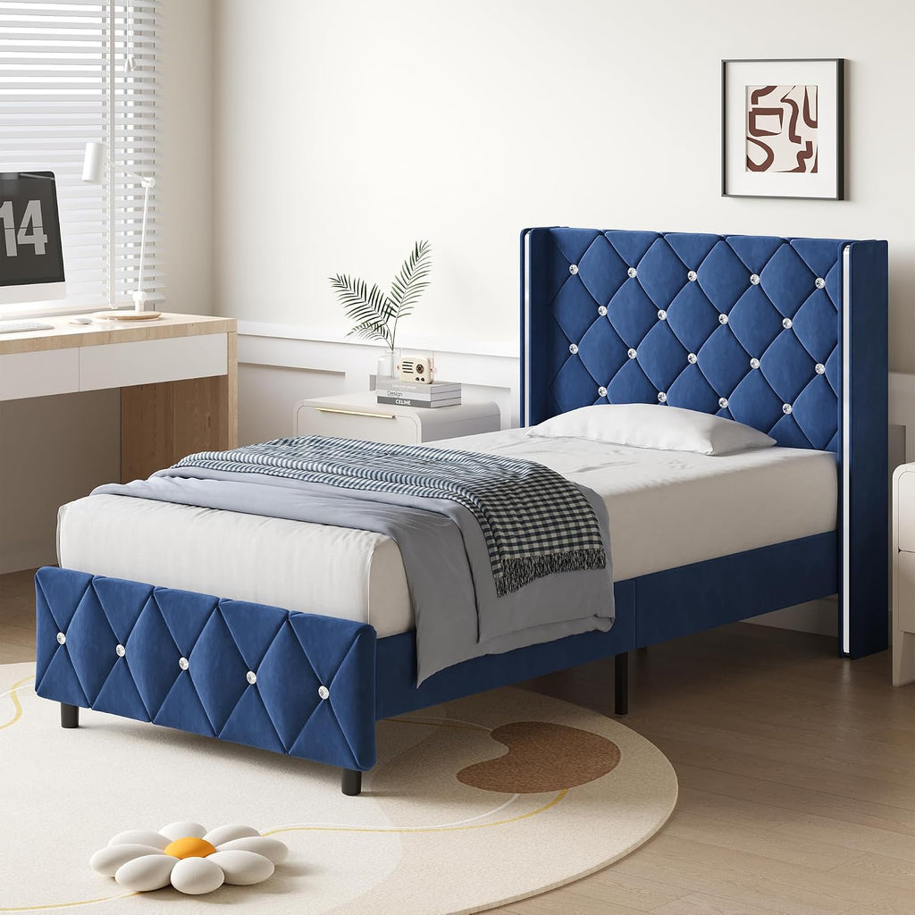 Lullabyre Twin Size Bed Frame, Upholstered Bed Frame with Diamond Tufted Headboard, Modern Silverside Wingback, No Box Spring Needed, Easy Assembly, Blue